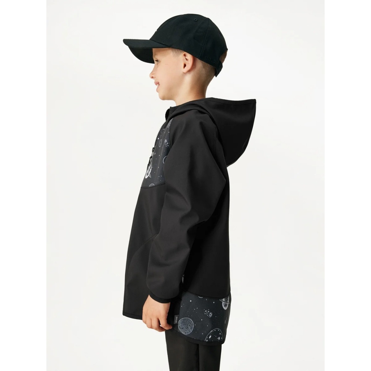 Bērnu softshell jaka ar flīsa oderi Basic, melns/planētas
