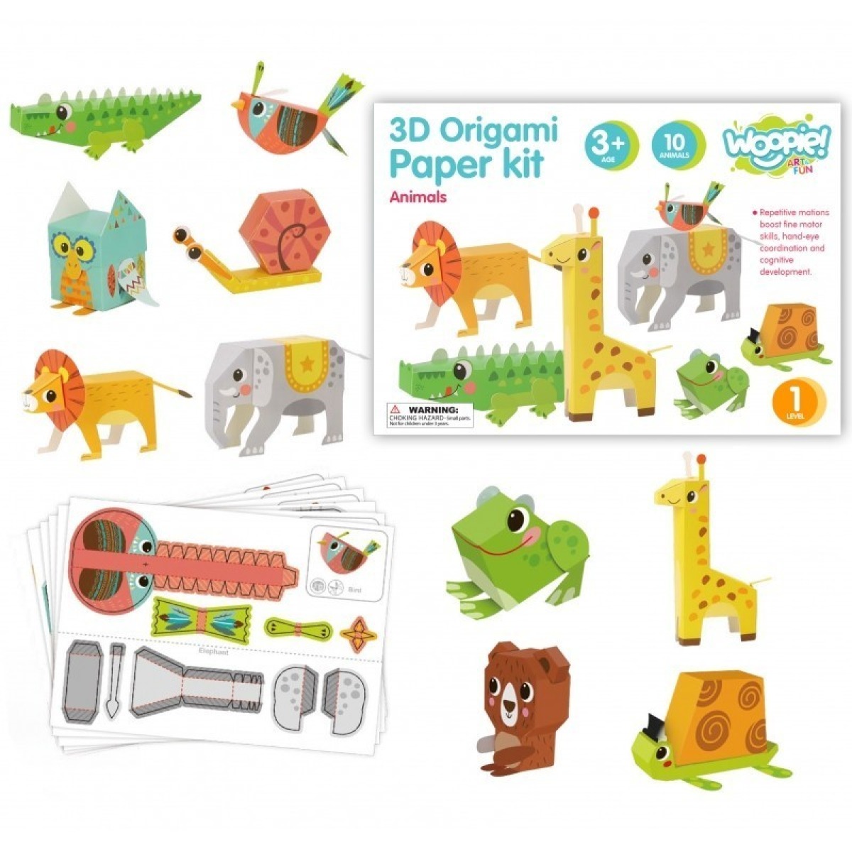 Woopie 3D origami komplekts, 10 dzīvnieki