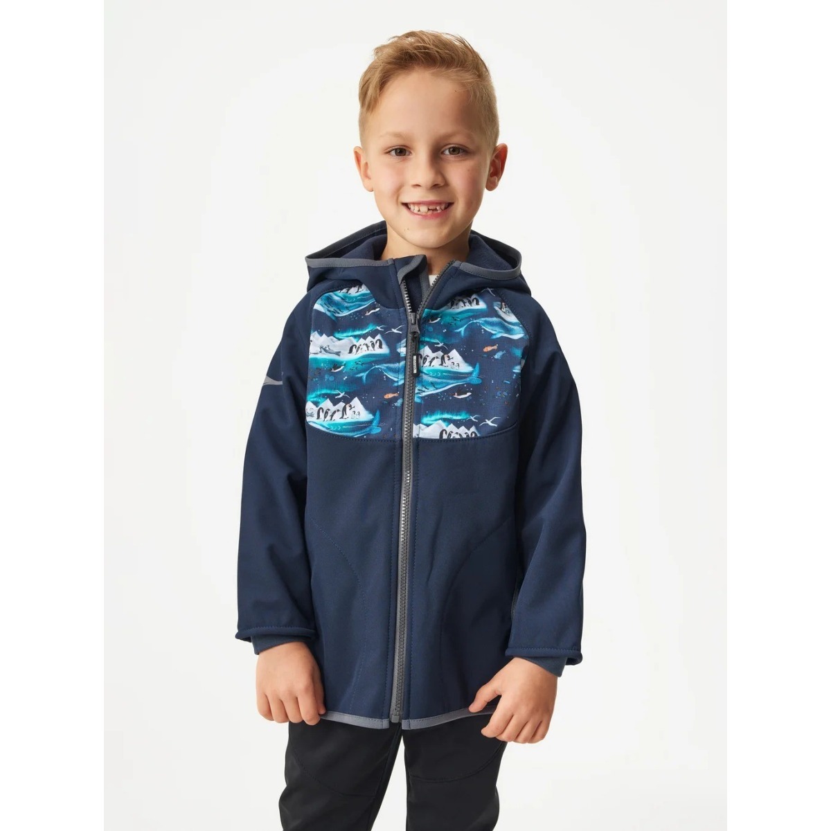 Bērnu softshell jope fliisvoodriga Basic, tumesinine/pingvii