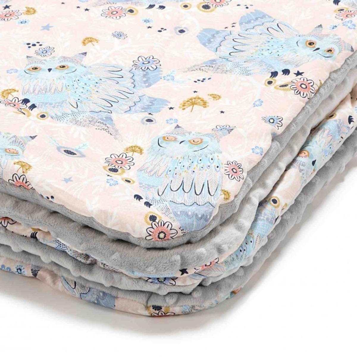 Abpusēja kokvilnas un minky sega 110x140 cm – Sleepy Owls, pelēka