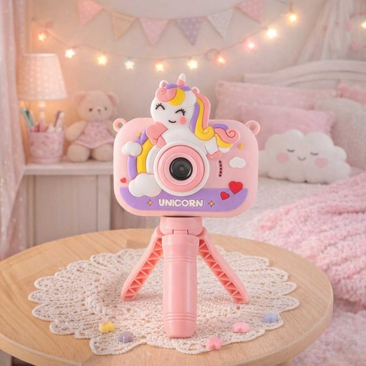Bērnu digitālā kamera ar vienradža motīvu, 1080P, statīvu, rozā, 3+