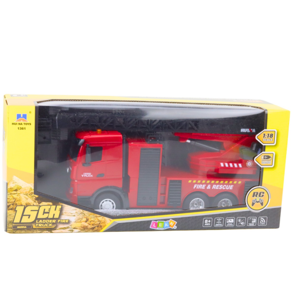 Huina ugunsdzēsēju auto ar tālvadību, kāpnēm un ūdens smidzinātāju, 1:18