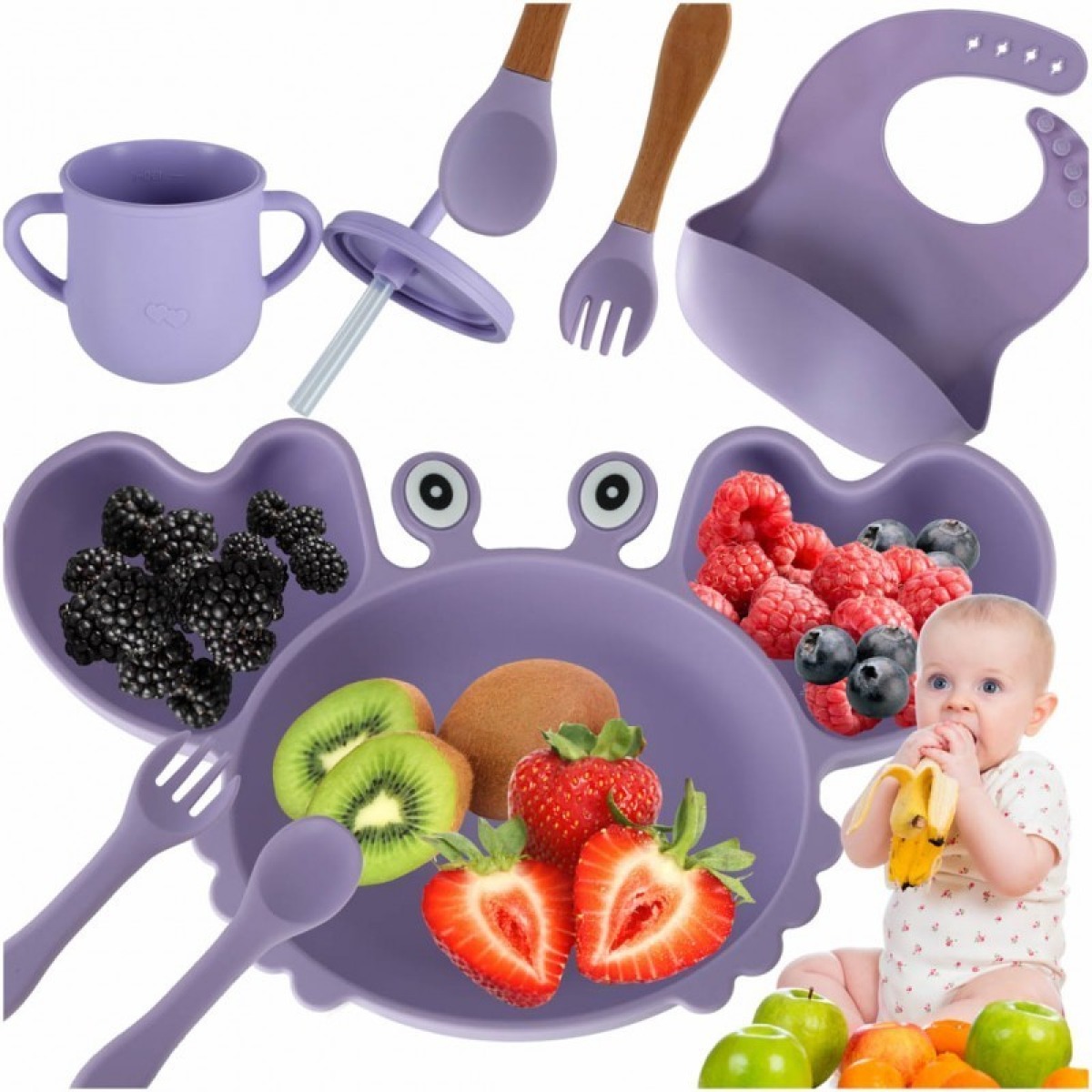 9 daļu violets silikona ēšanas piederumu komplekts ar krabja motīvu