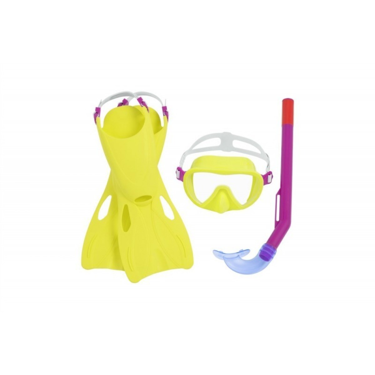Dzeltenais bērnu snorkelēšanas komplekts ar masku, spurām un elpošanas cauruli