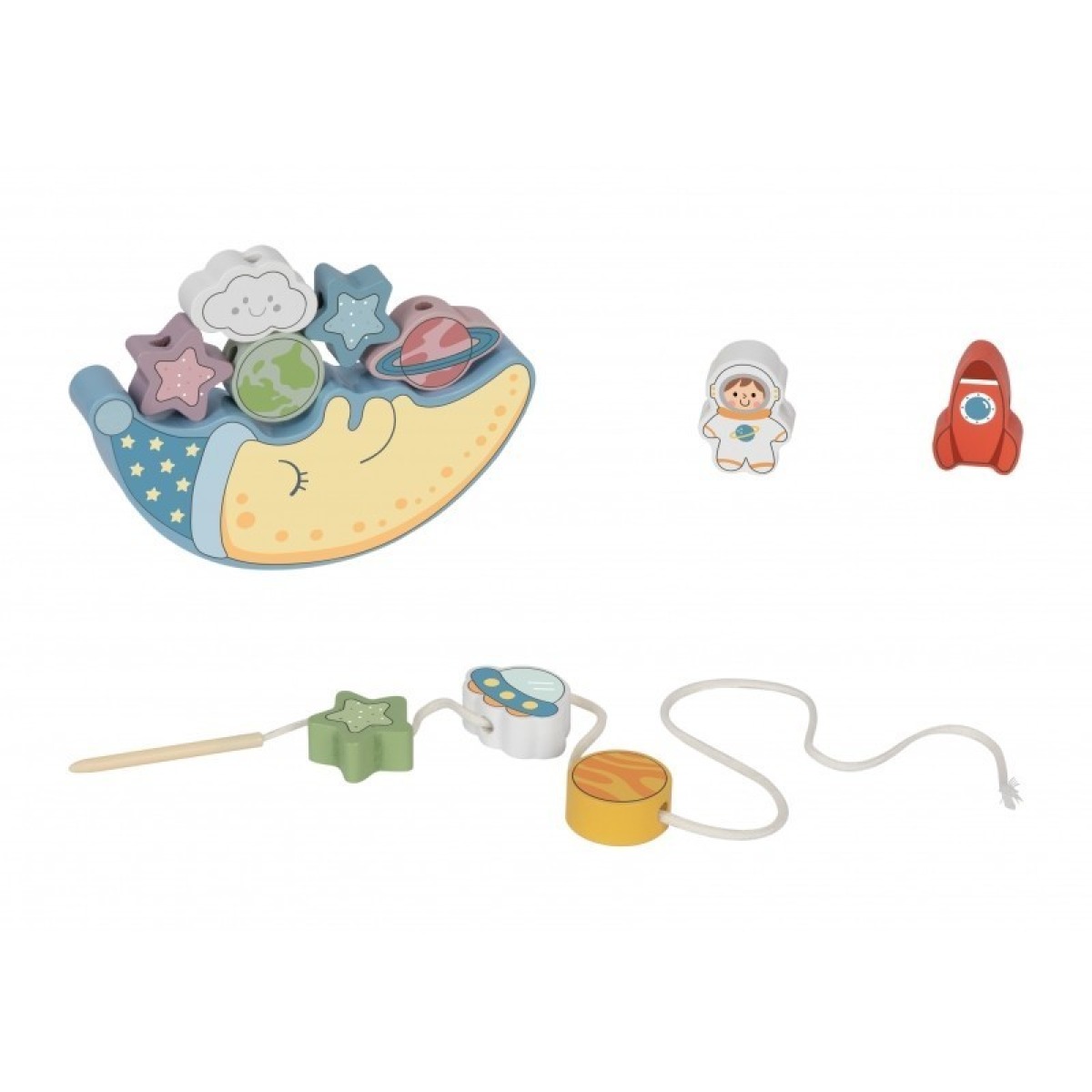 Tooky Toy Mēness miega laikā: kosmosa līdzsvara un veramo figūru spēle