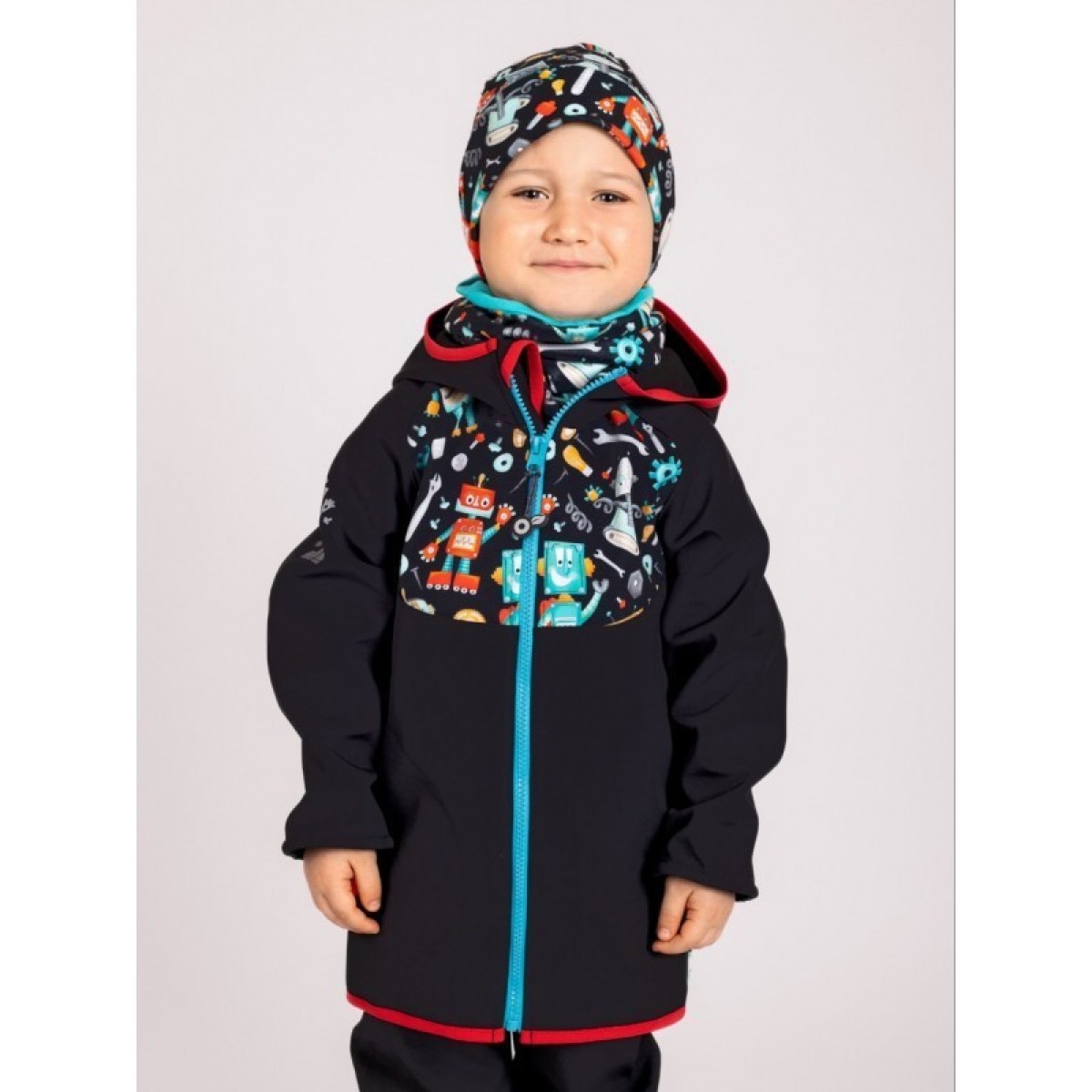 Bērnu softshell jope fliisvoodriga Basic, must/robotid
