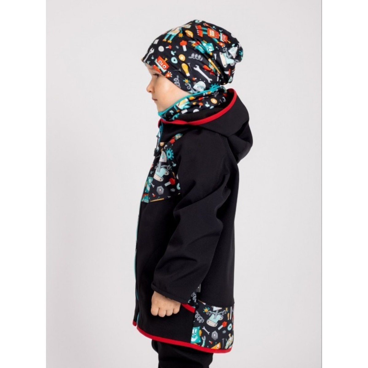 Bērnu softshell jope fliisvoodriga Basic, must/robotid