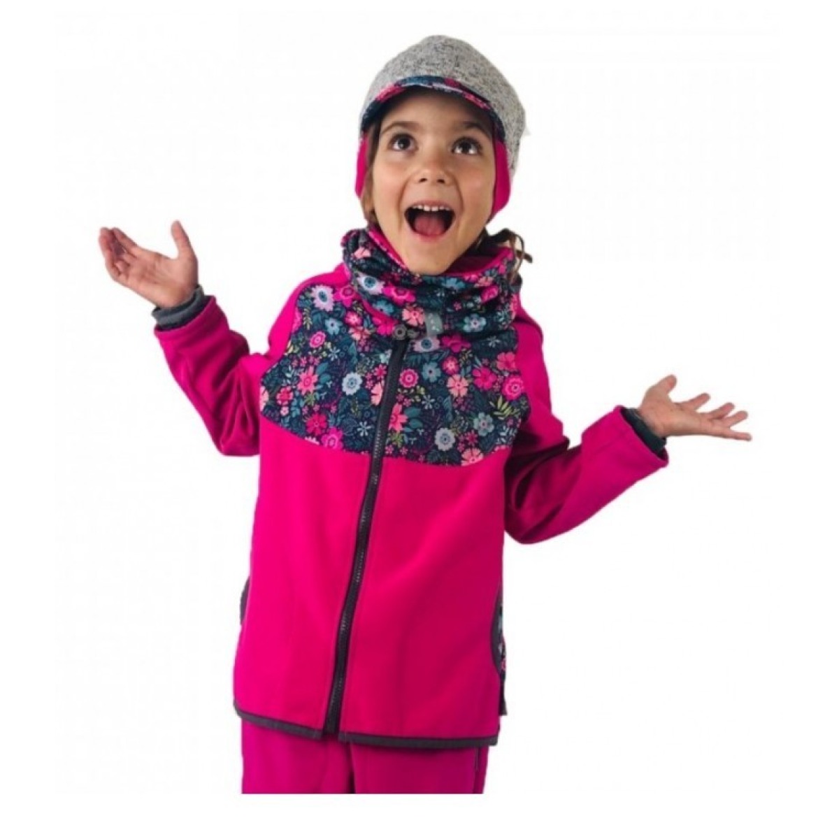Bērnu softshell jaka ar flīsa oderi Basic, fuksiju krāsā ar ziediem