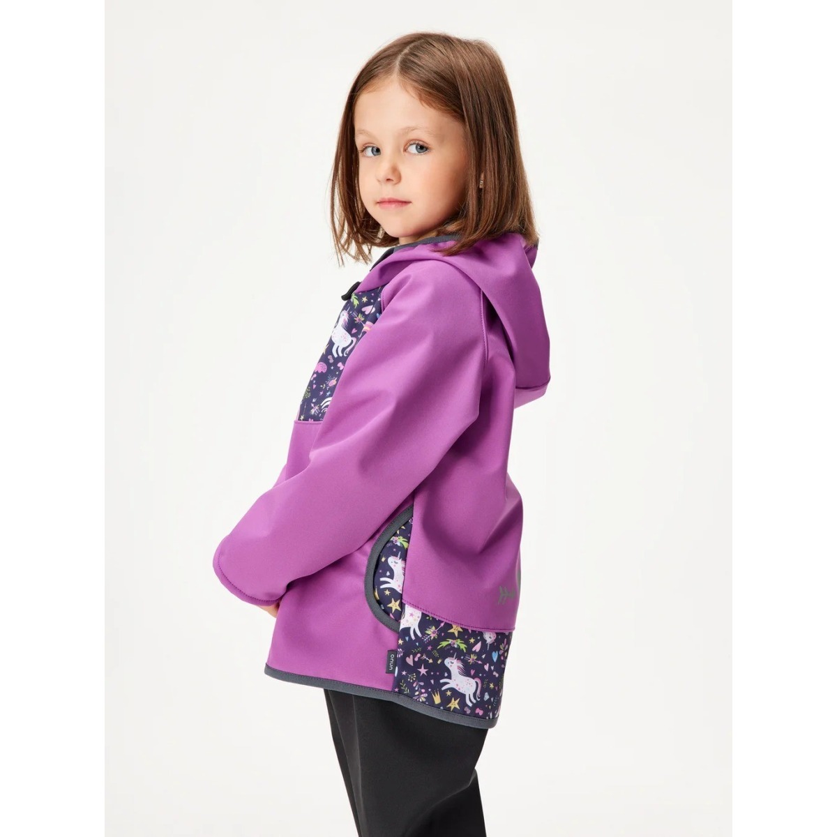 Bērnu softshell jaka ar flīsa oderi Basic, violeta ar vienradžiem