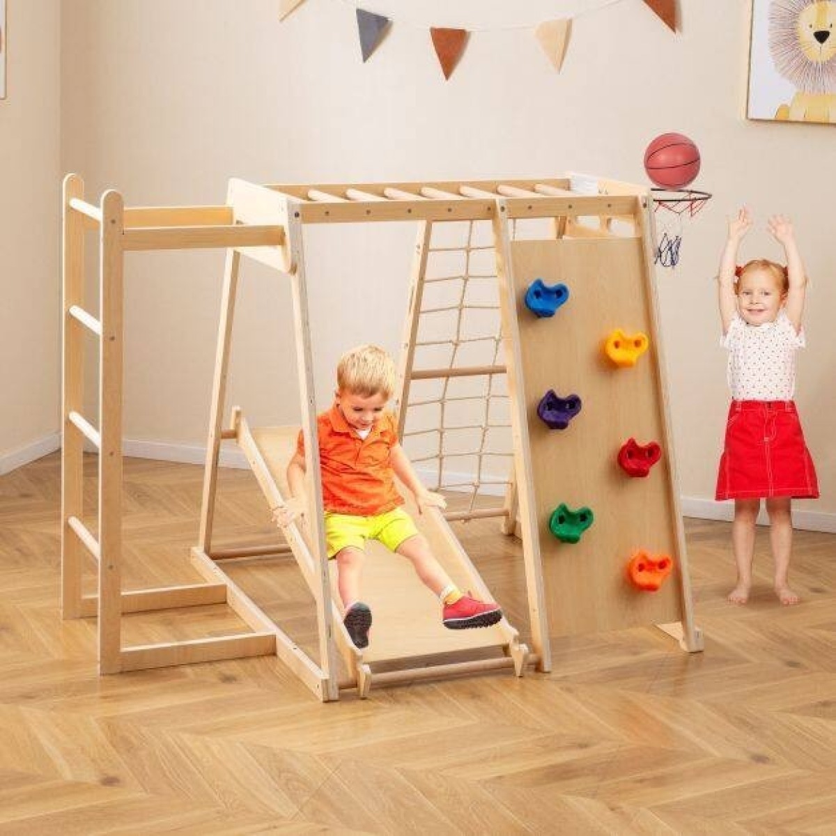 6-ühes siseronimisraam-mänguväljak liumäe, ronimisseina, kor