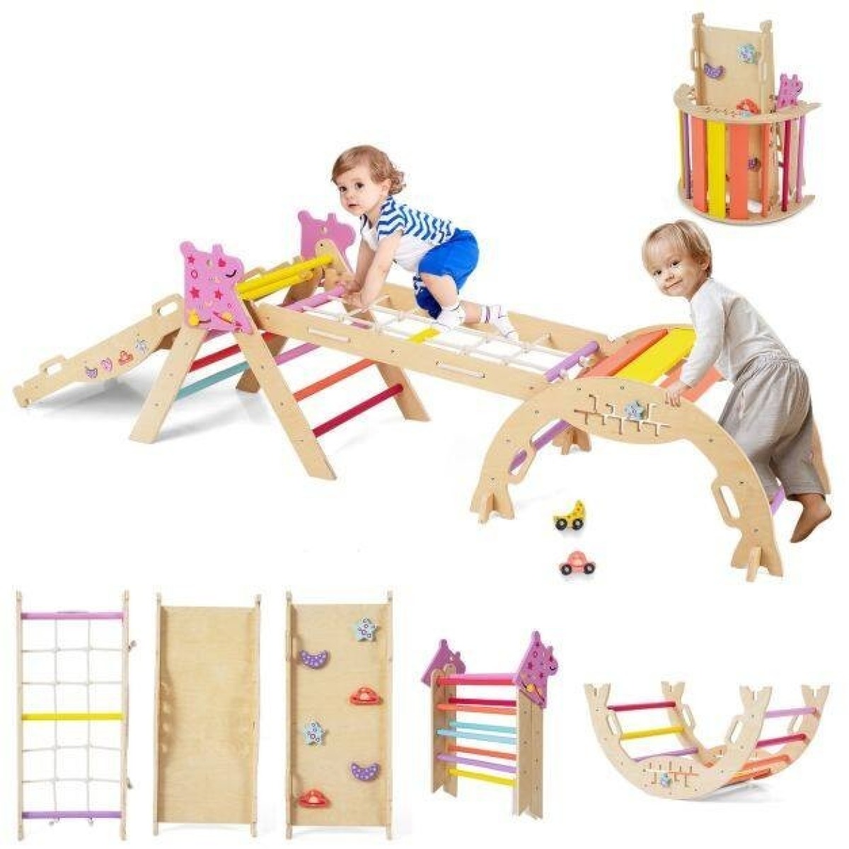 Kokkupandav koka Montessori ronimiskomplekt, värvilise kaare