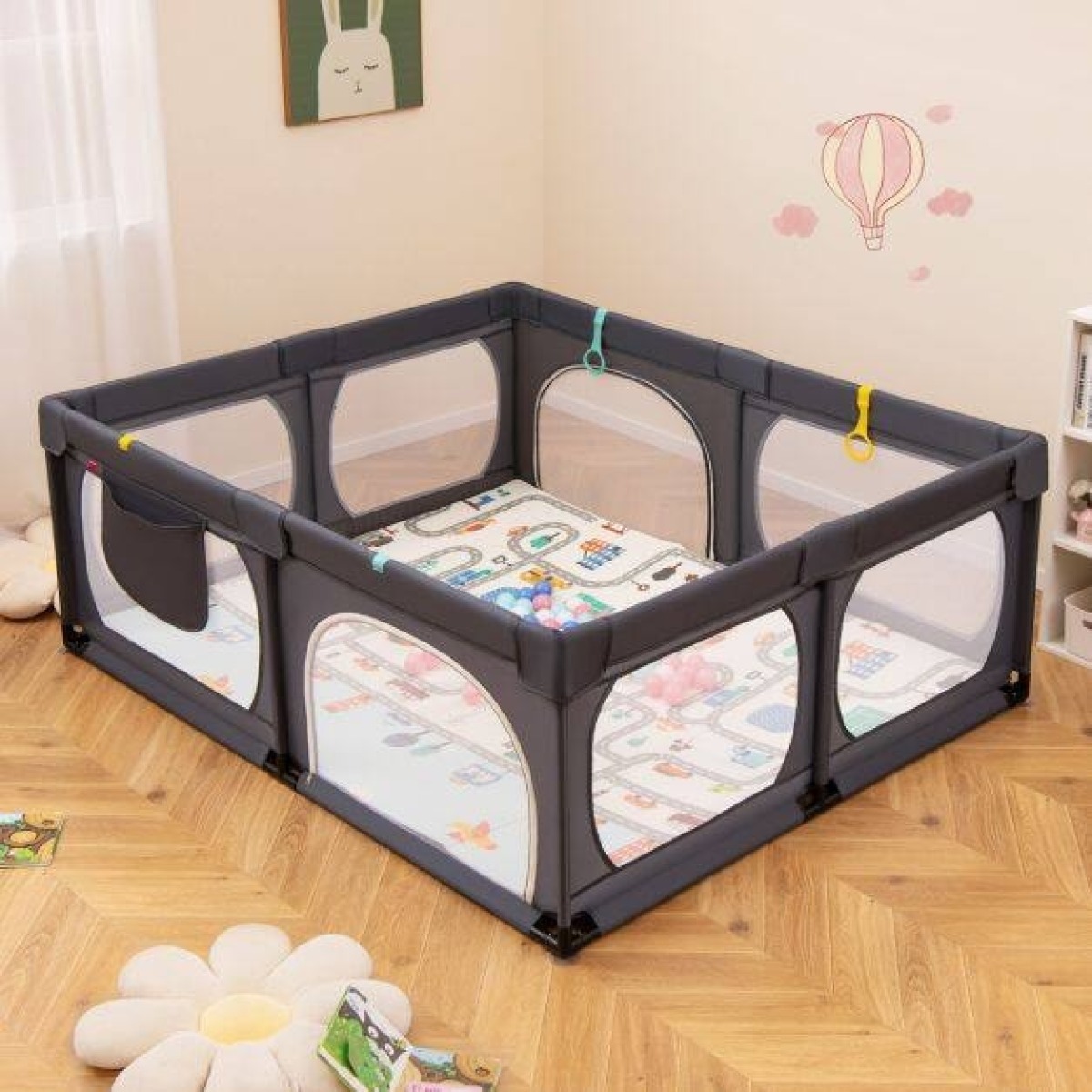 Rotaļu nožogojums mazulim 189 x 158 cm ar paklājiņu un 50 bumbiņām, tumši pelēks