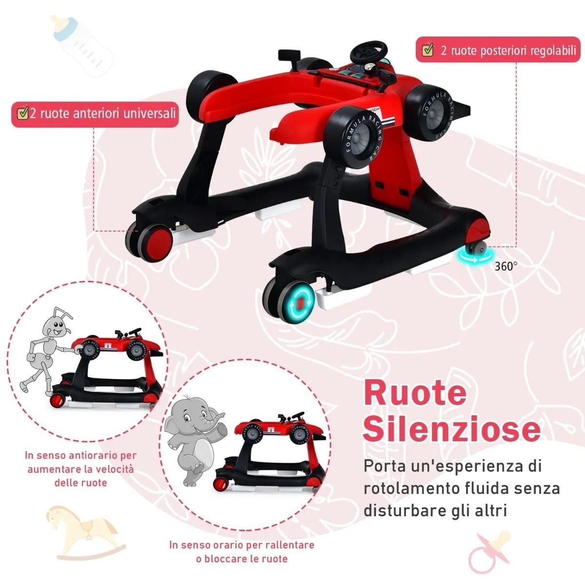 Saliekams 4-in-1 bērnu staigulis ar regulējamu augstumu, sarkans