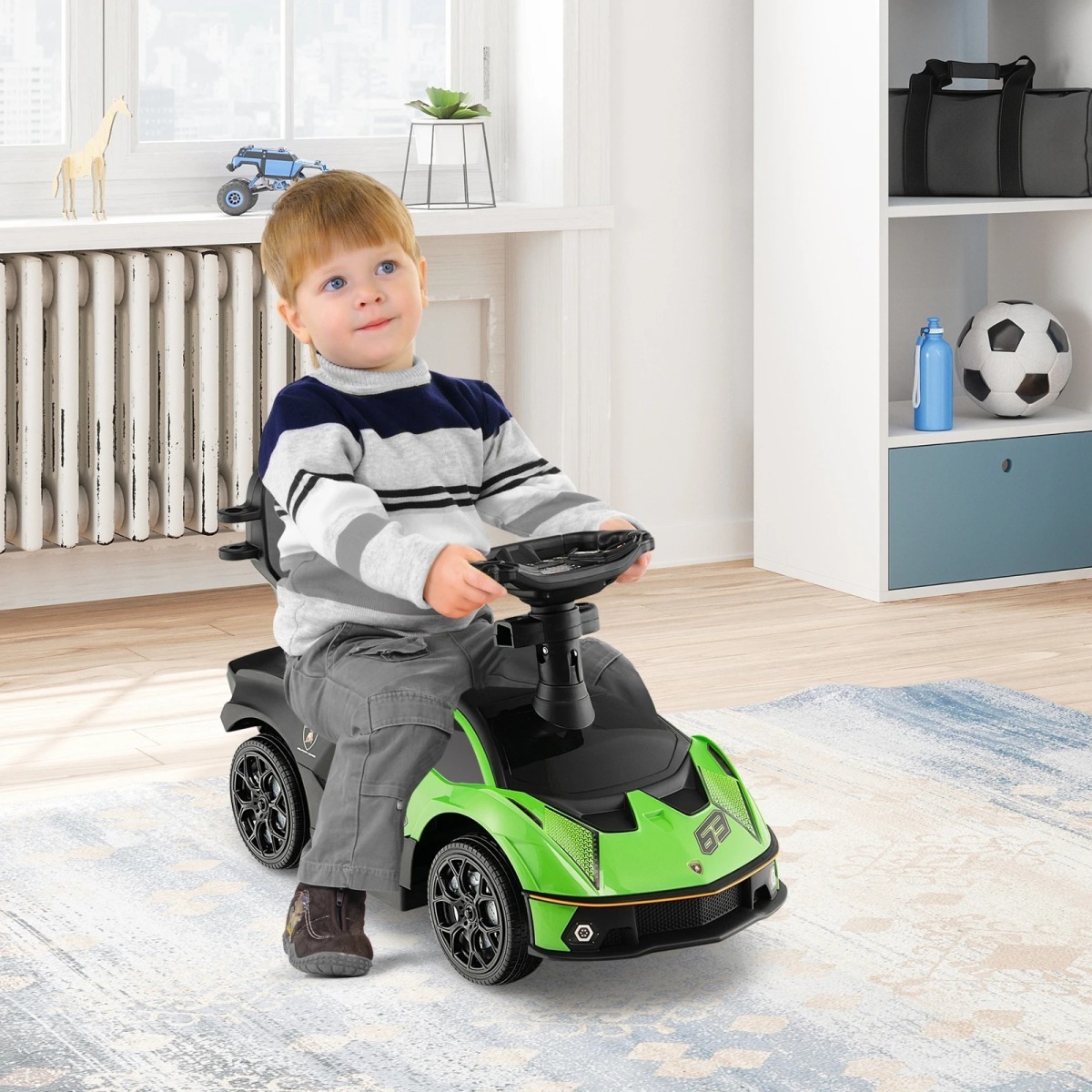Zaļš Lamborghini 3-in-1 stumjamais auto