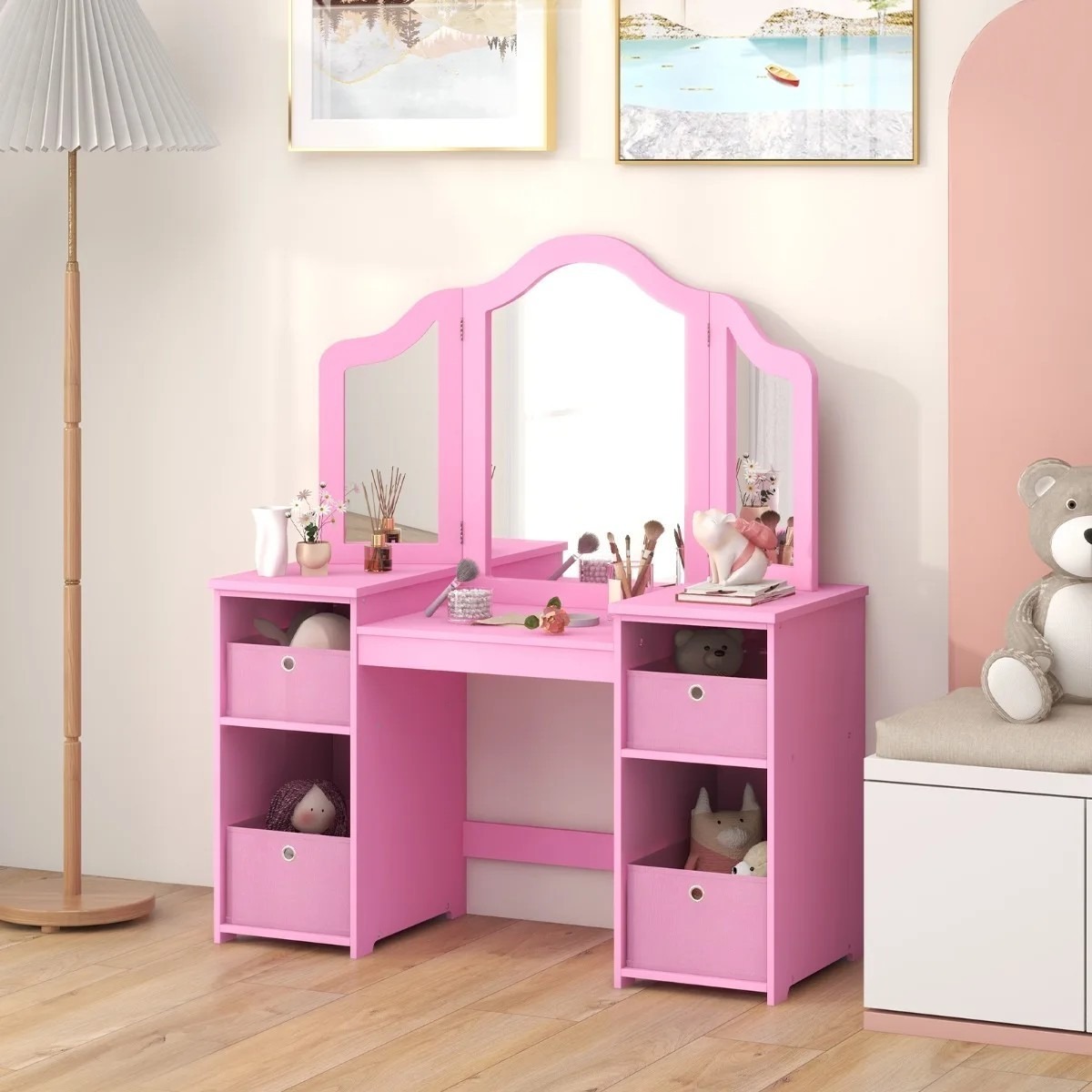 2-in-1 bērnu tualetes galdiņš princesei ar noņemamiem spoguļiem, rozā