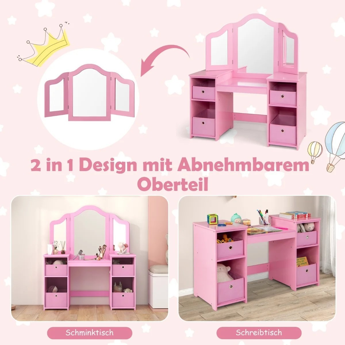 2-in-1 bērnu tualetes galdiņš princesei ar noņemamiem spoguļiem, rozā