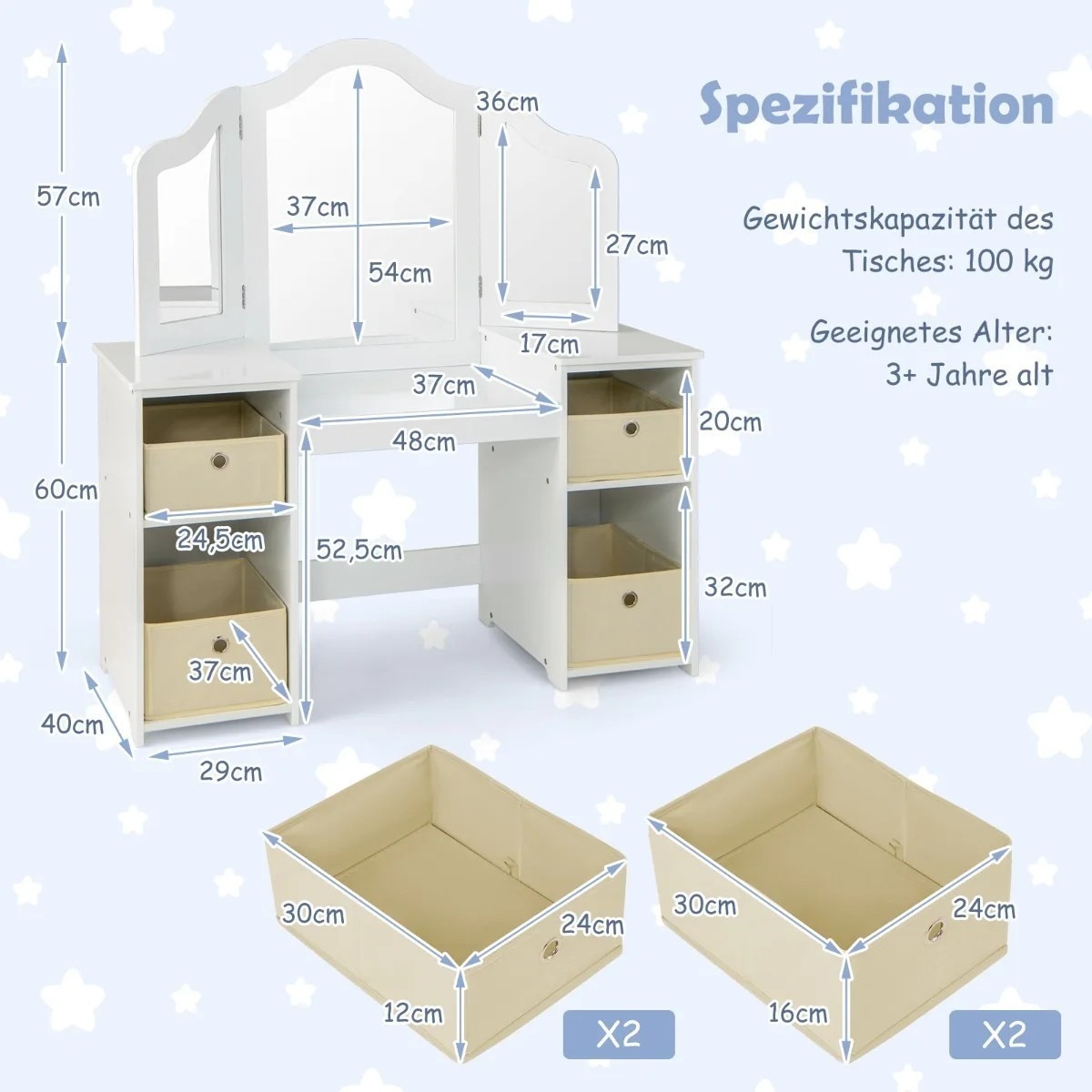 2-ühes printsessi stiilis meigilaud eemaldatavate peeglitega