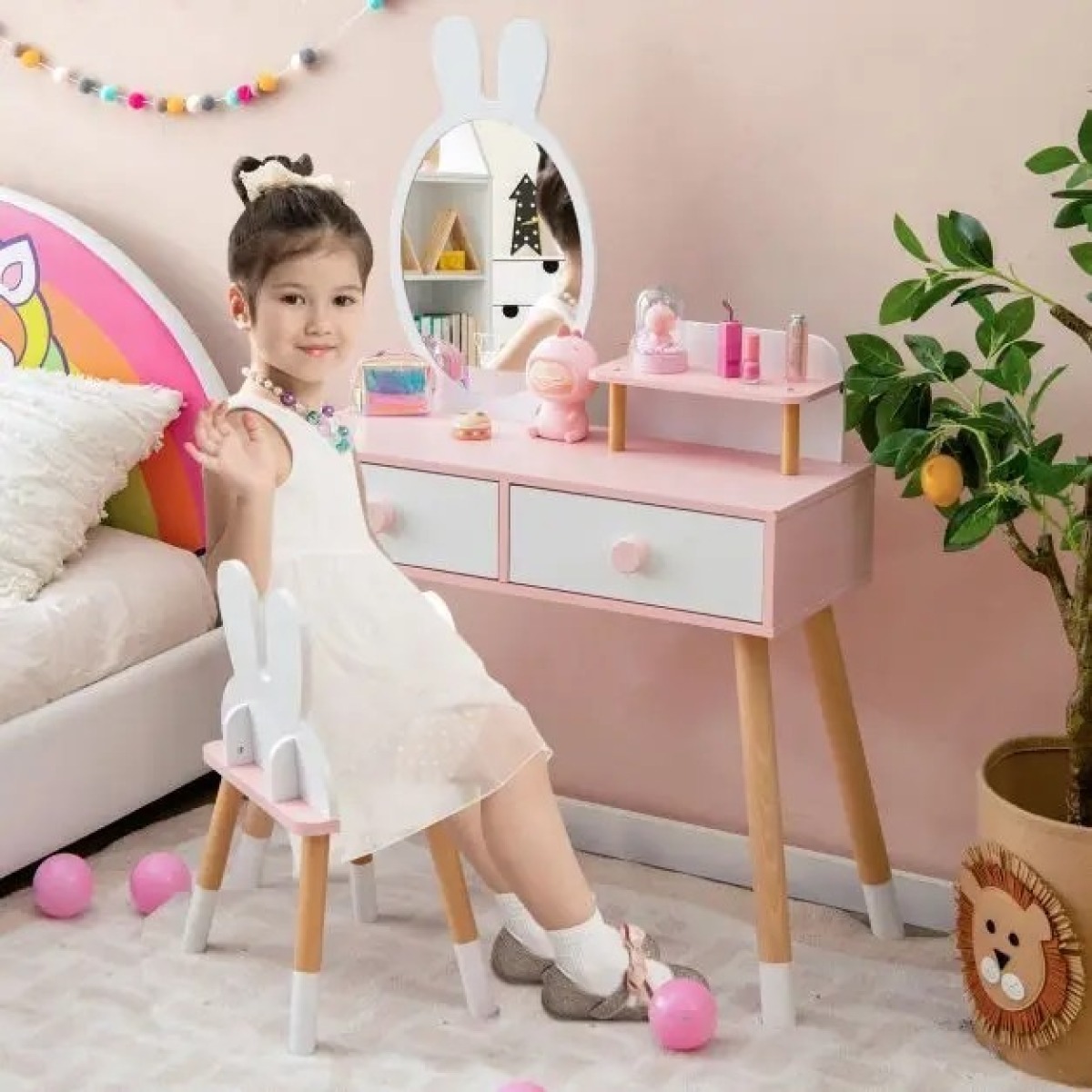 2-in-1 bērnu tualetes galdiņa un krēsla komplekts ar zaķa princeses motīvu, balts