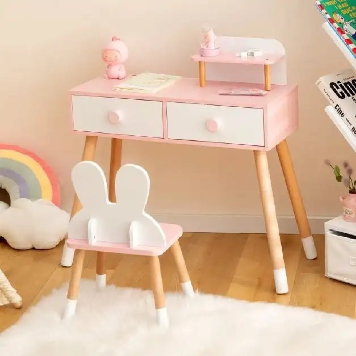2-in-1 bērnu tualetes galdiņa un krēsla komplekts ar zaķa princeses motīvu, balts