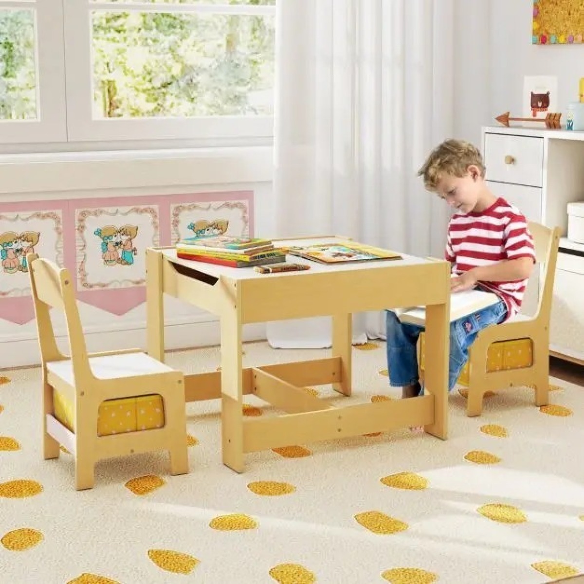 Bērnu galds un krēsli ar abpusēju virsmu un uzglabāšanas vietu, dabīgā krāsā | MIU Kids