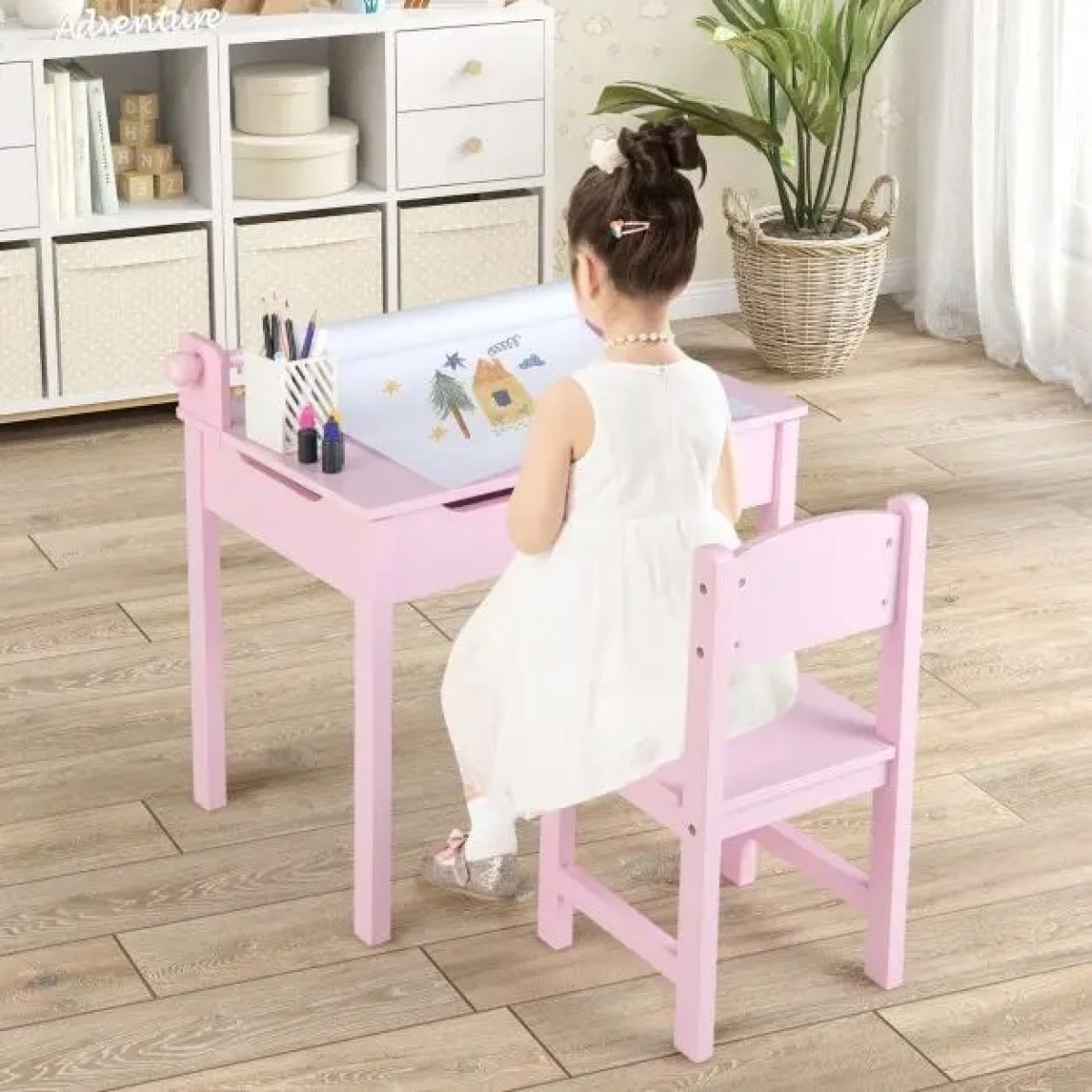 Bērnu galdiņš un krēsls ar papīra ruļļa turētāju, rozā | MIU Kids