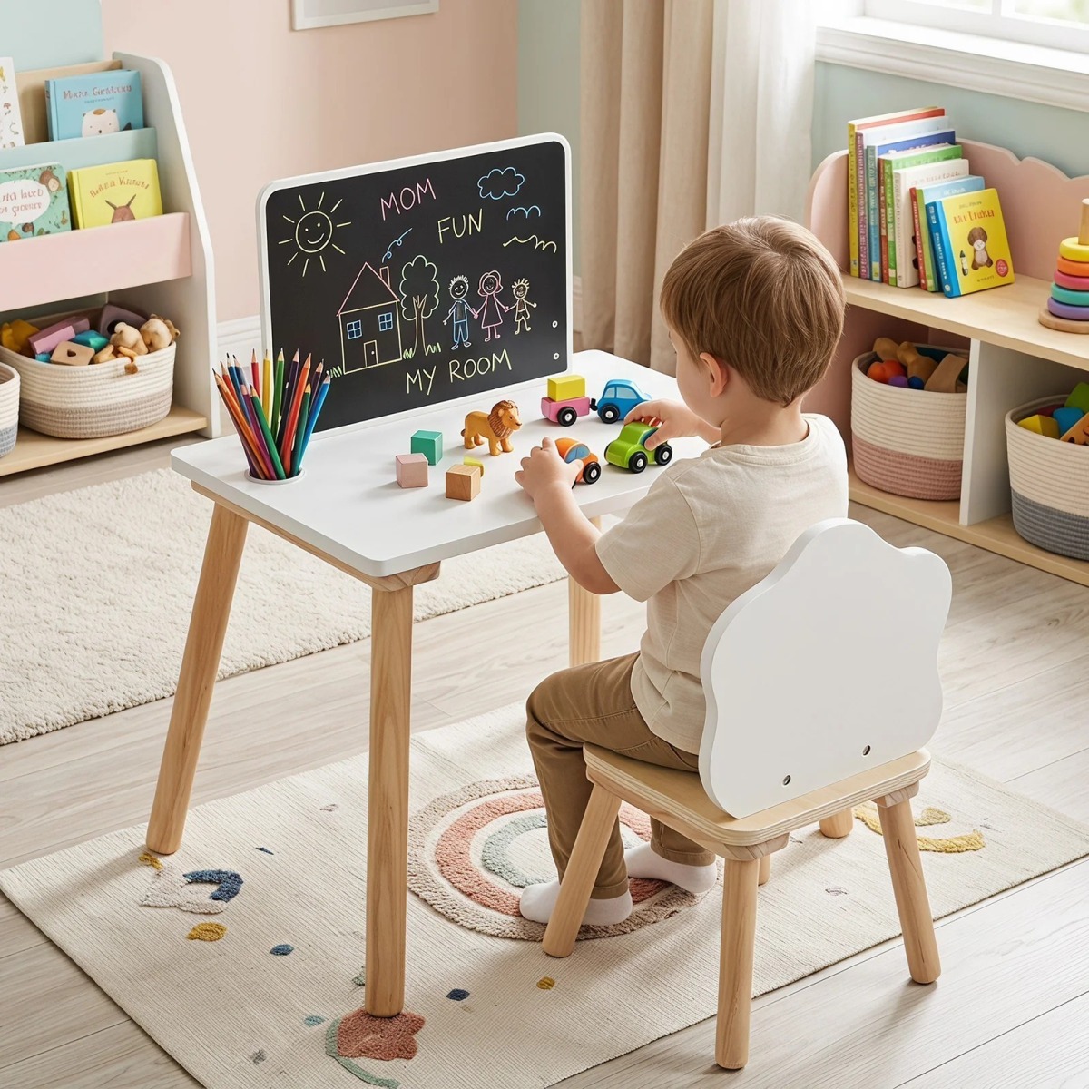 Bērnu galda un krēslu komplekts ar zīmēšanas tāfeli, balts/koka krāsā | MIU Kids