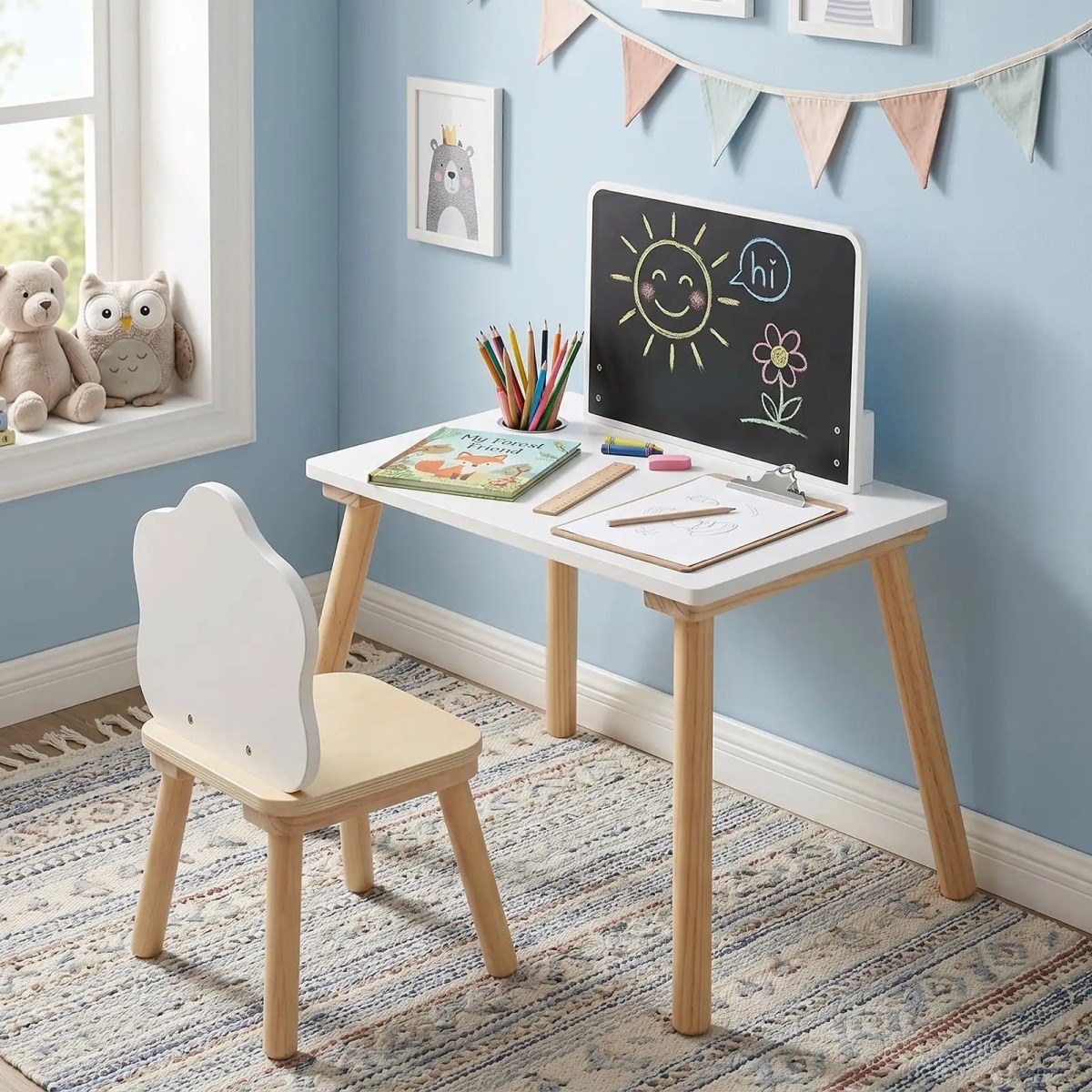 Bērnu galda un krēslu komplekts ar zīmēšanas tāfeli, balts/koka krāsā | MIU Kids