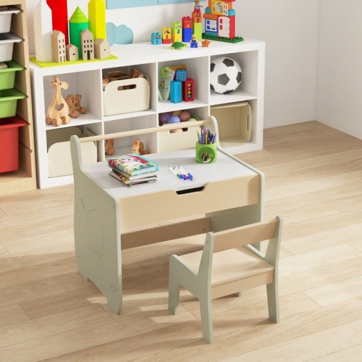 Koka mākslas galds un krēsls bērniem, abpusēja tāfele, zaļš | MIU Kids