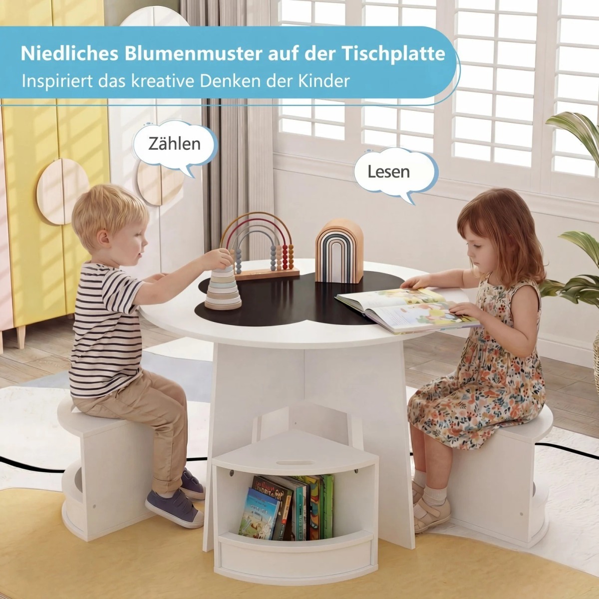 Apaļš bērnu galds ar 4 uzglabāšanas ķebļiem, 5 daļas, balts | MIU Kids