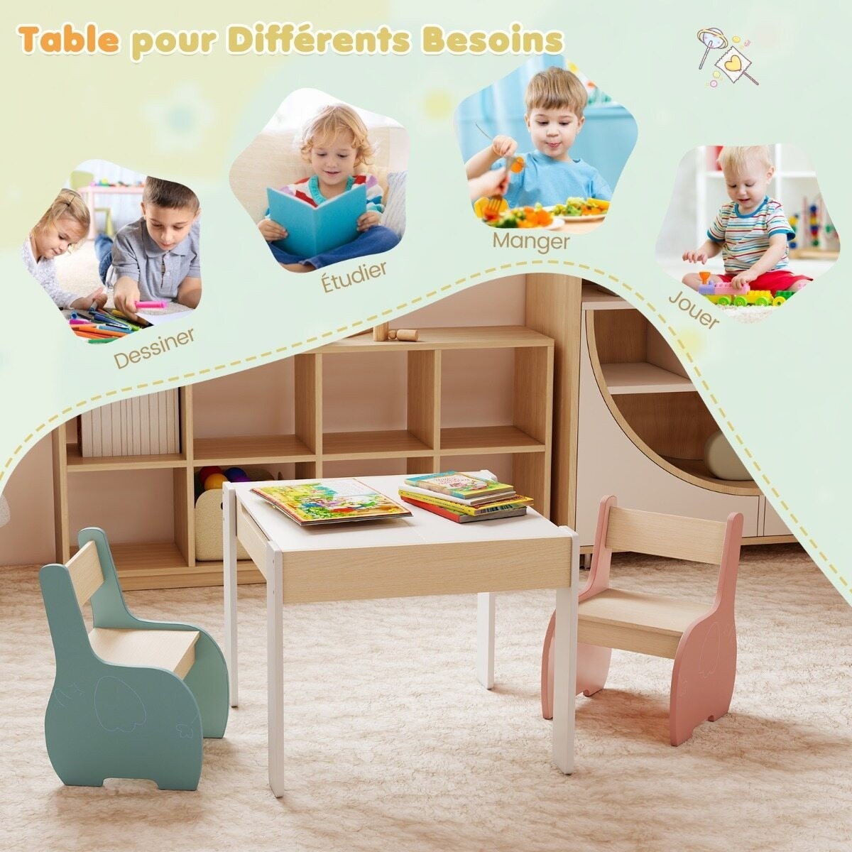 Bērnu galds 3 vienā ar 2 krēsliem un uzglabāšanas vietu, daudzkrāsains | MIU Kids