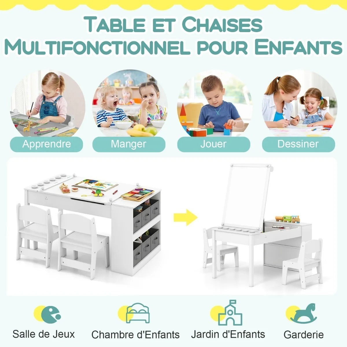 2-in-1 bērnu mākslas galds un krēsli ar papīra rulli, balts | MIU Kids