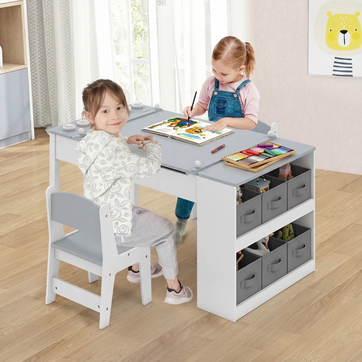 2-in-1 bērnu mākslas galds un molberts ar 2 krēsliem, pelēks | MIU Kids