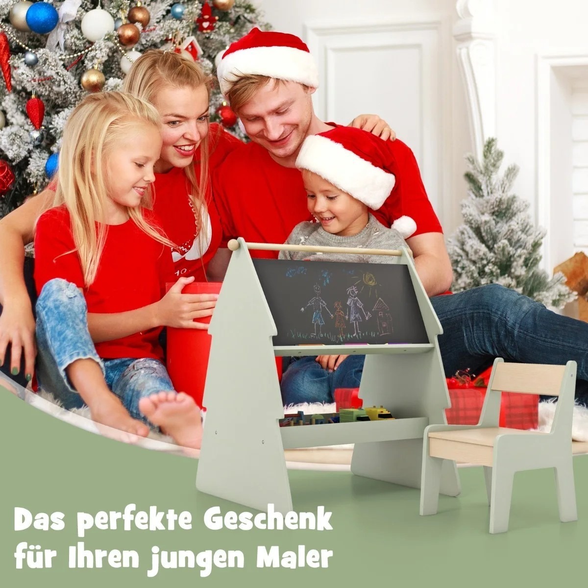 Roheline kahepoolne 2-ühes kunsti-molbert bērniem koos tabur