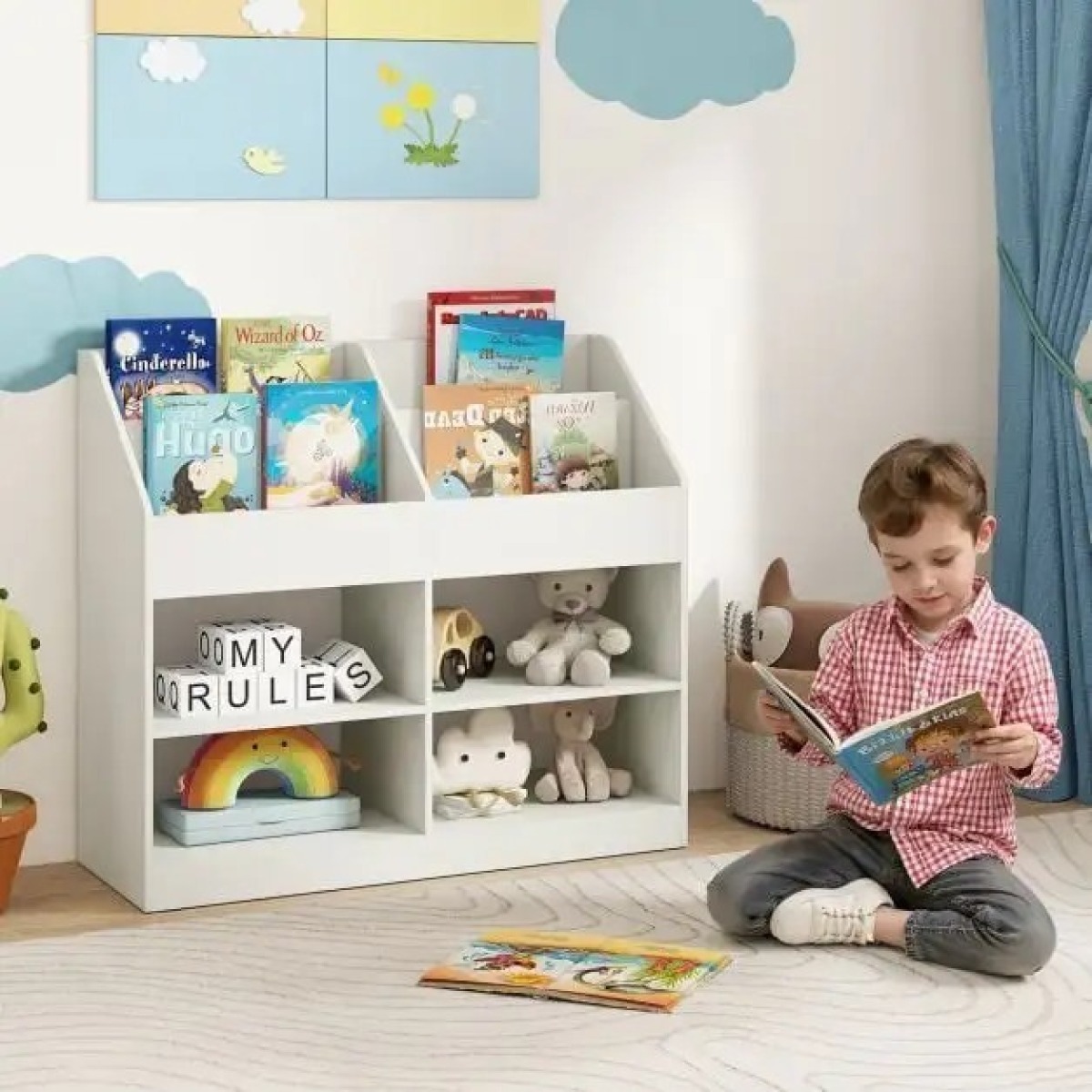 Bērnu grāmatu plaukts ar 3 plauktiem un 4 nodalījumiem, balts | MIU Kids
