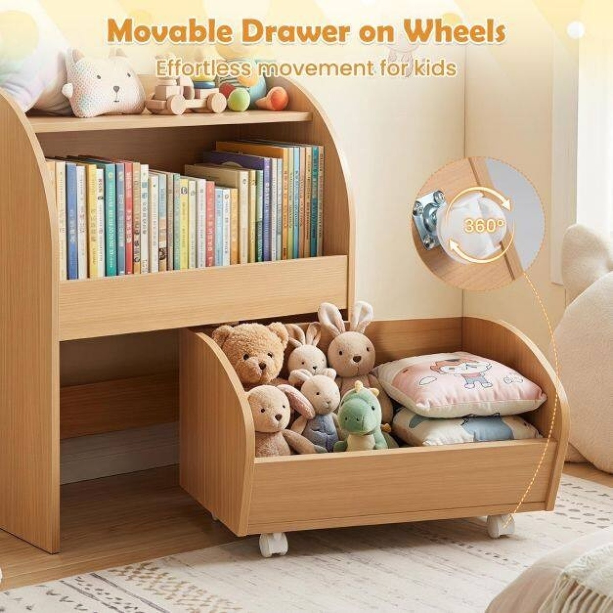 1m|Bērnu grāmatu plaukts ar izvelkamu atvilktni uz riteņiem, 61.5 cm, dabīgā krāsā | MIU Kids