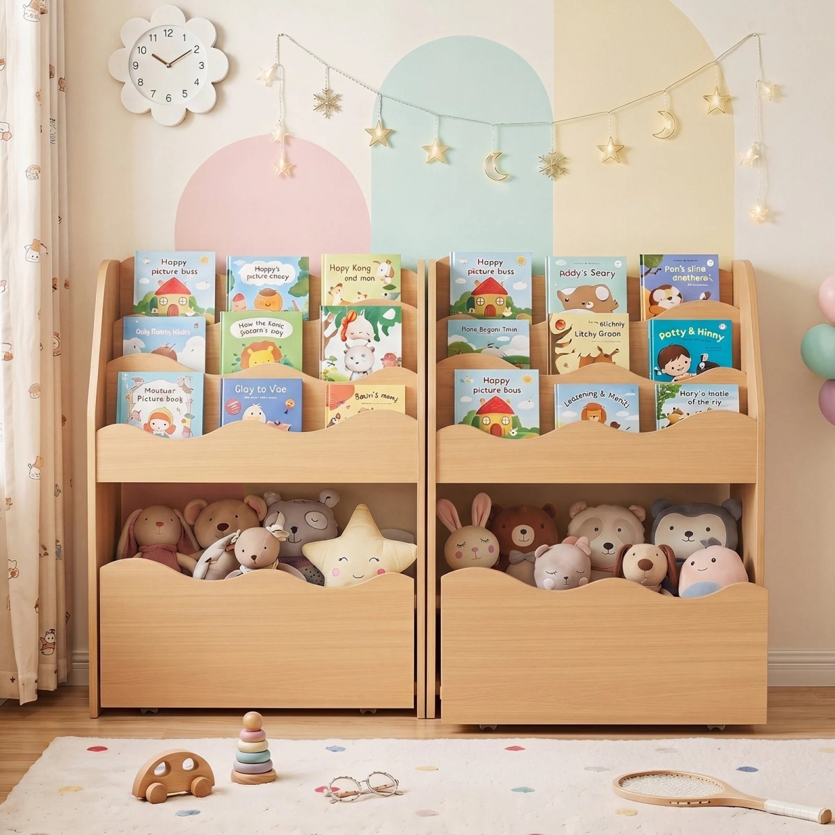 Bērnu grāmatu plaukts un pārvietojama rotaļlietu kaste no dabīga koka | MIU Kids