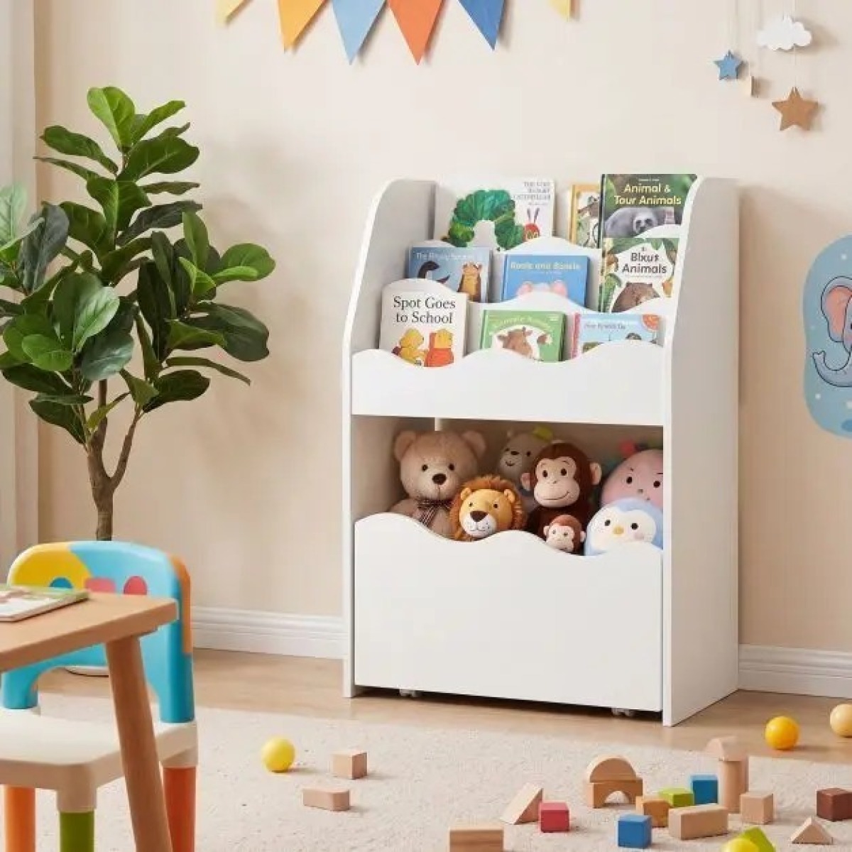 Bērnu grāmatu plaukts un izvelkama rotaļlietu atvilktne, balta | MIU Kids