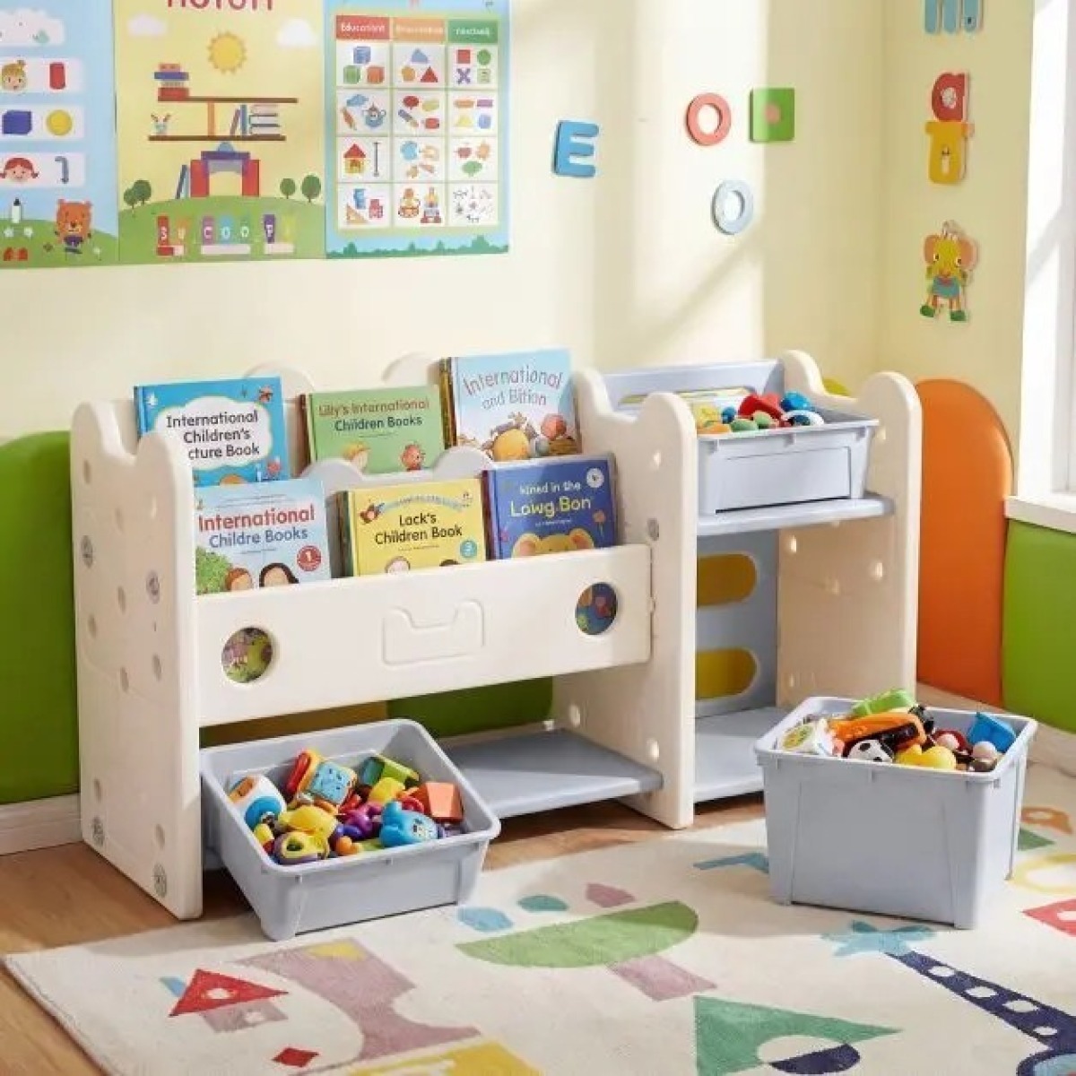 Kaķa formas bērnu rotaļlietu un grāmatu plaukts 2 vienā ar 4 kastēm, balts | MIU Kids