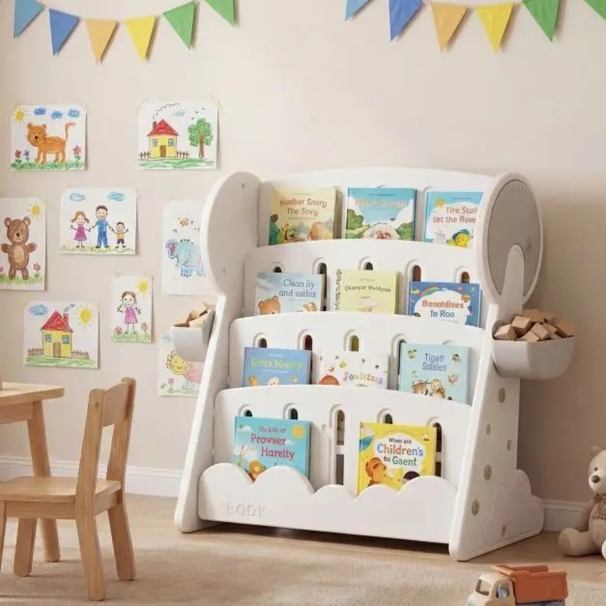 Bērnu grāmatu plaukts ar 4 plauktiem, 2 kastēm un rotējošu plauktu, pelēks | MIU Kids