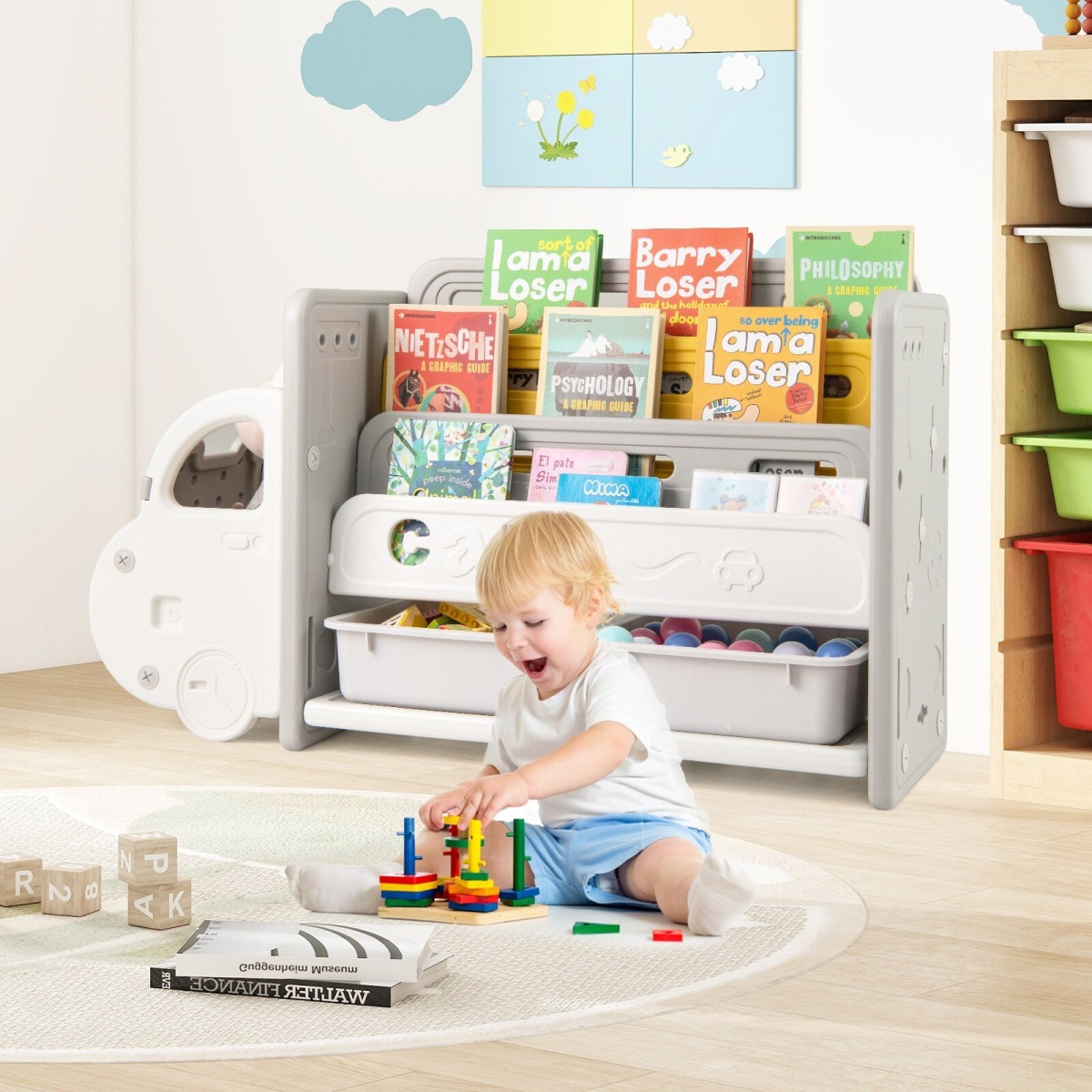 Autoteemaline mänguasjade hoiukoht ja raamaturiiul bērniem
