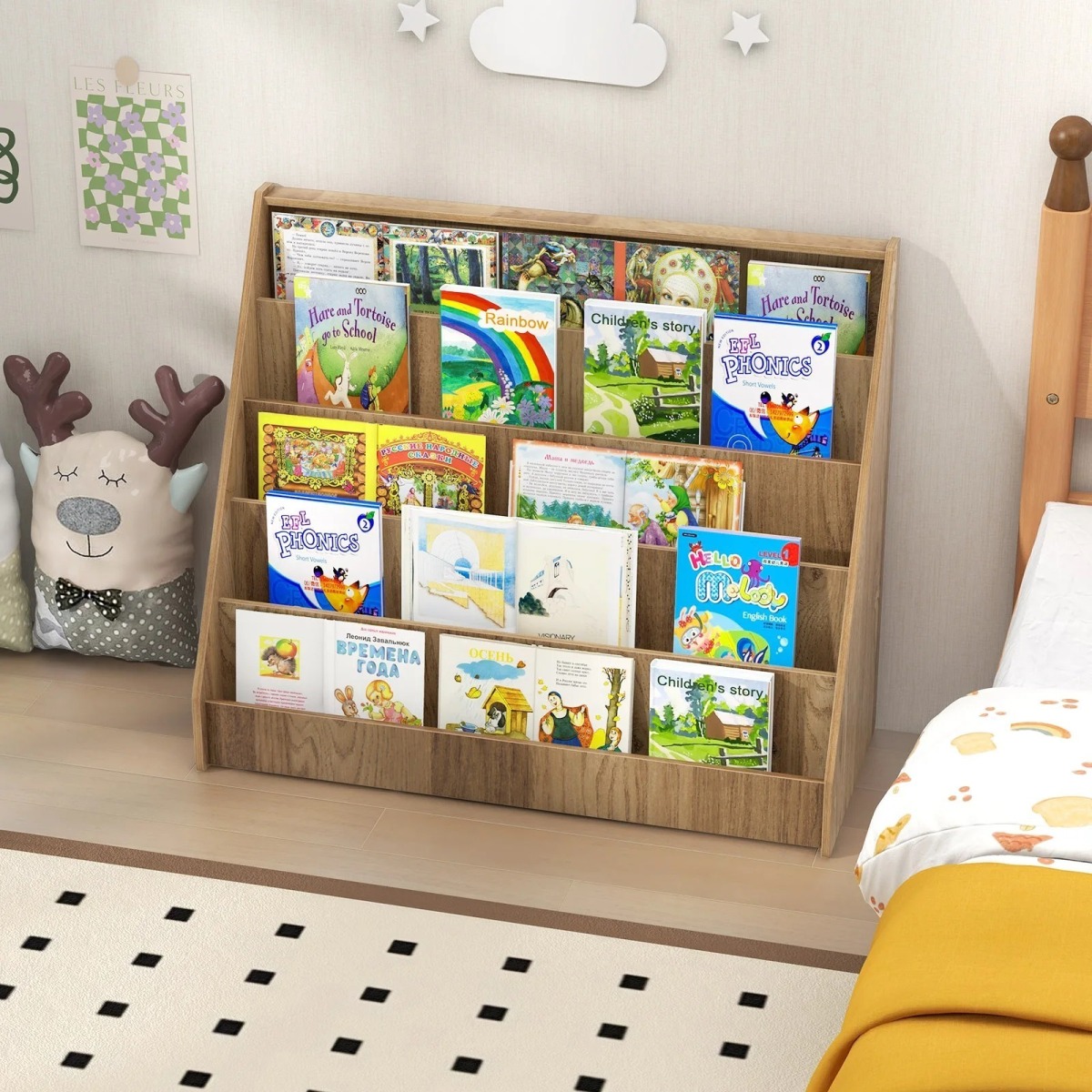 Montessori bērnu grāmatu plaukts ar 5 līmeņiem, dabīga koka krāsā | MIU Kids
