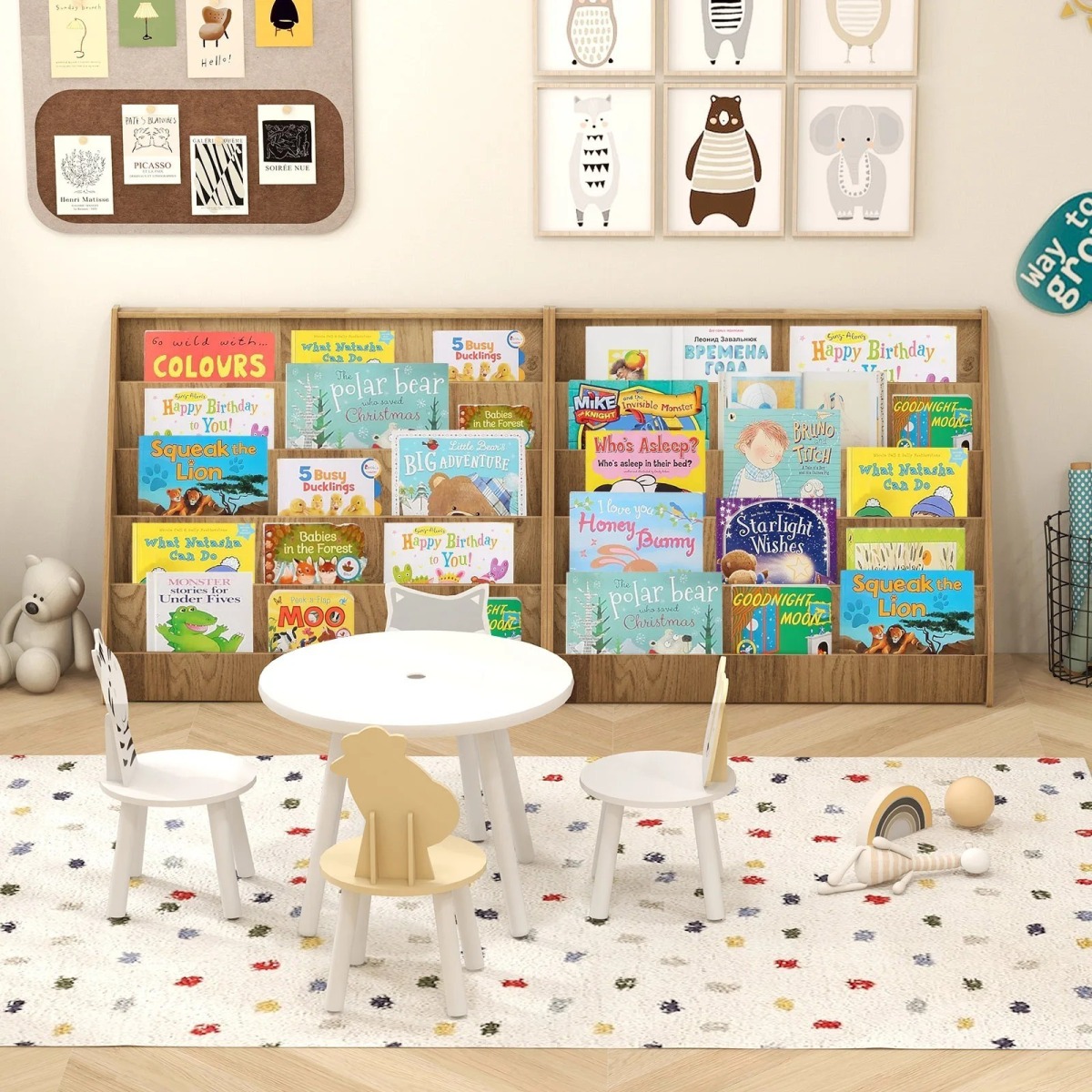 Montessori bērnu grāmatu plaukts ar 5 līmeņiem, dabīga koka krāsā | MIU Kids