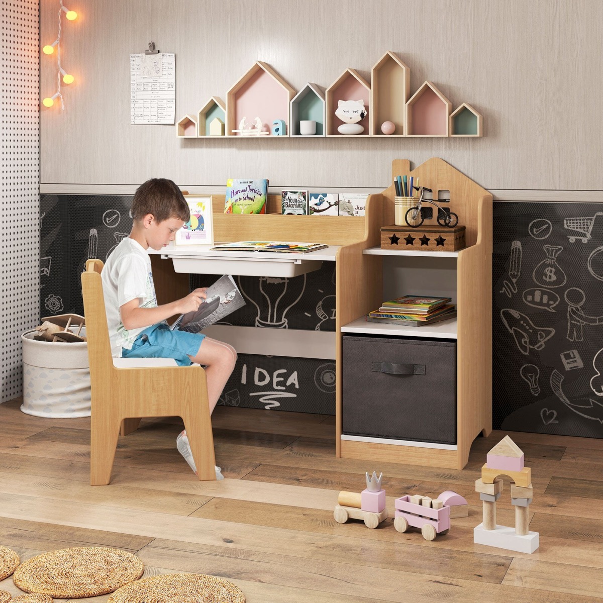Bērnu rakstāmgalds un krēsls ar plauktiem un atvilktni, dabīgā koka krāsā | MIU Kids