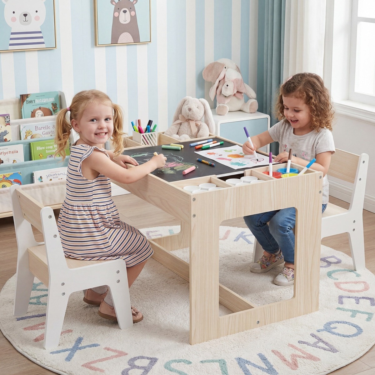 Bērnu galds ar 2 krēsliem un tāfeli, dabīgā krāsā | MIU Kids