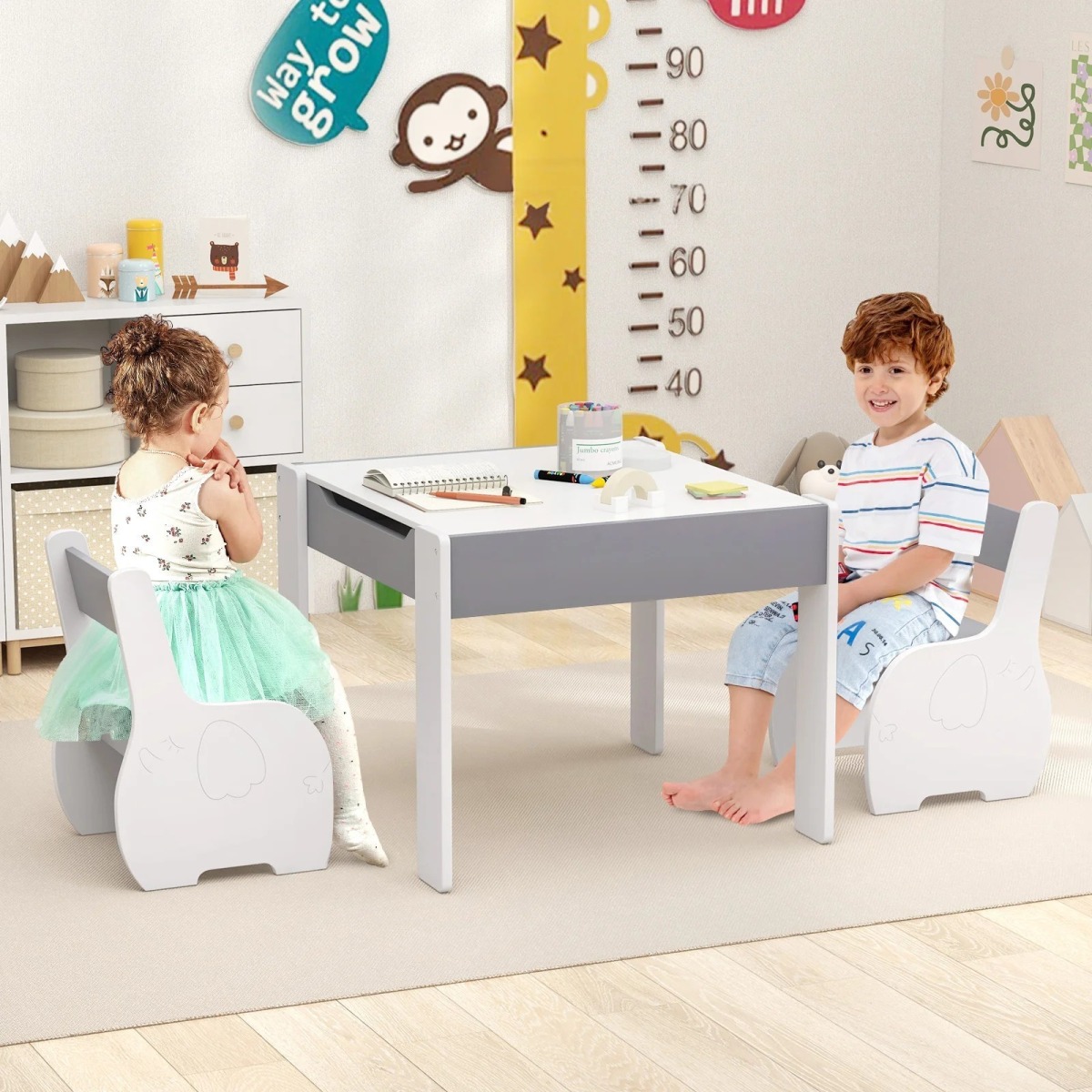 4-in-1 koka aktivitāšu galds bērniem ar krēsliem, pelēks | MIU Kids