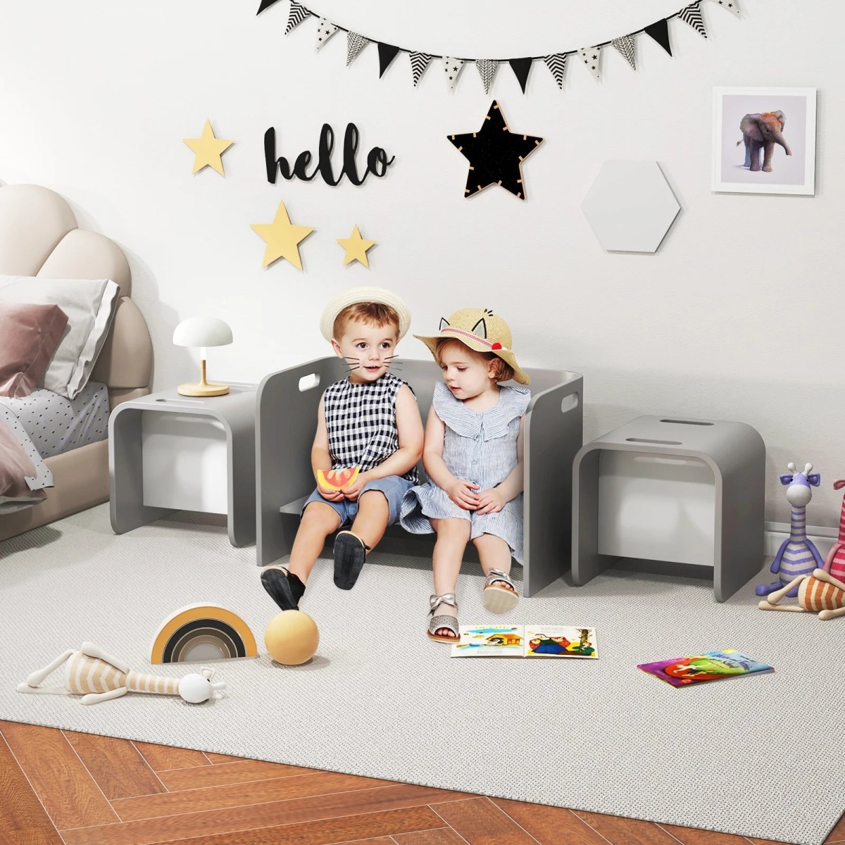 3-osaline laste koka laua- ja toolide komplekt, hall