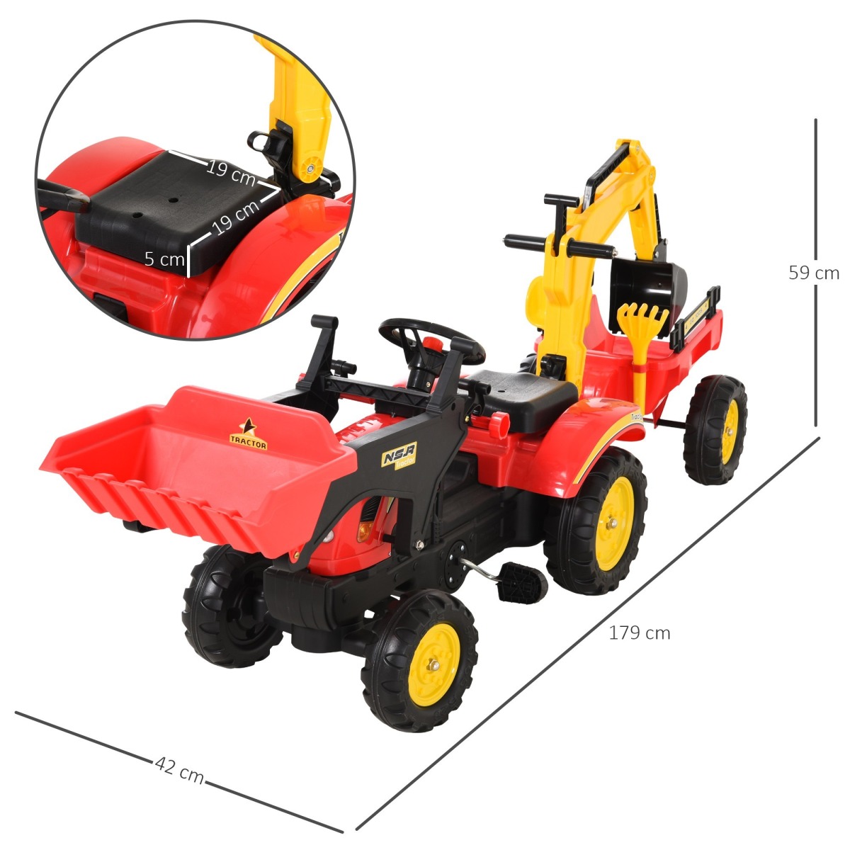 Bērnu pedāļu traktors ar frontālo iekrāvēju, sarkans – 3–6 gadiem