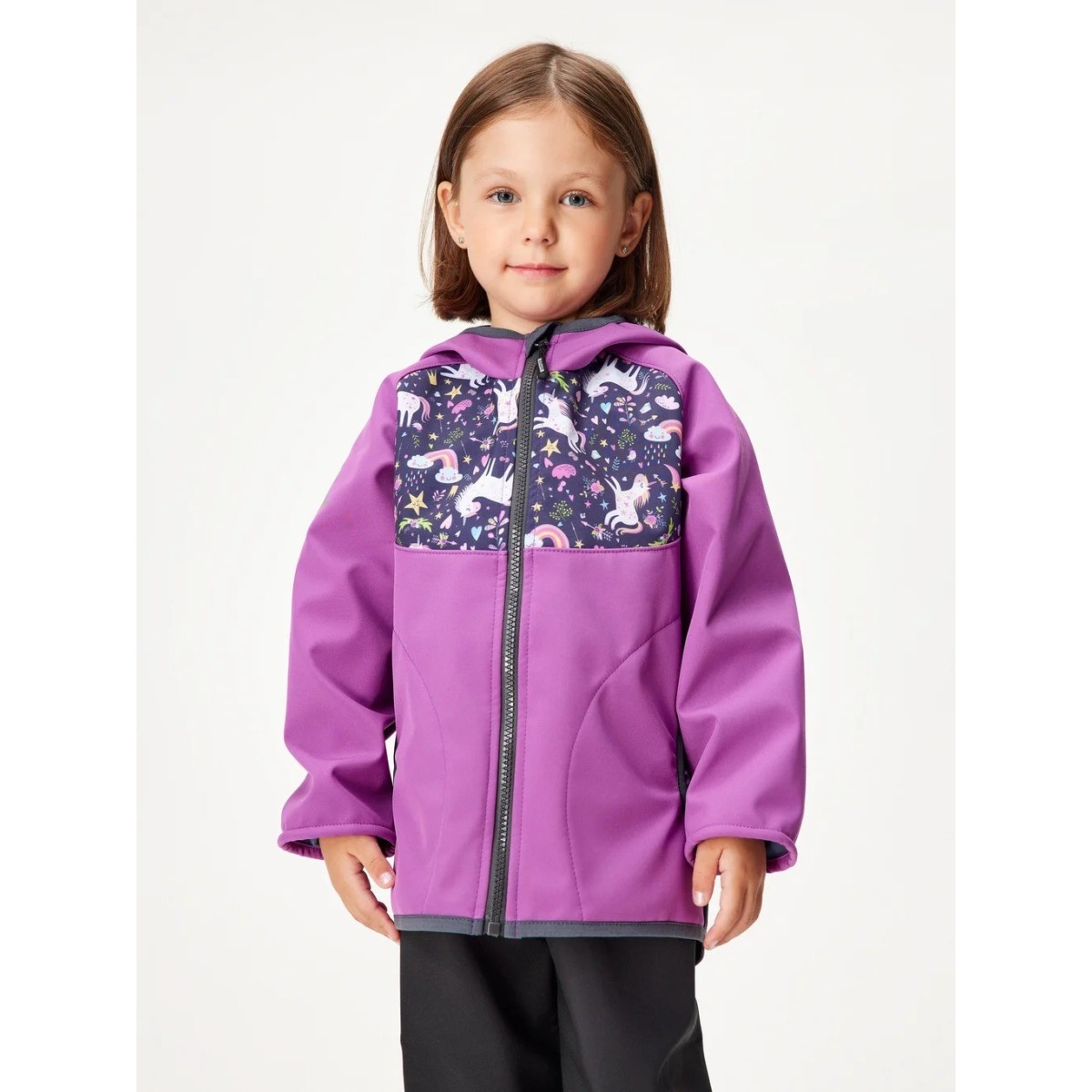 Bērnu softshell jaka ar flīsa oderi Basic, violeta ar vienradžiem