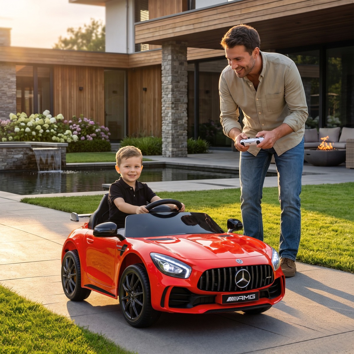 Mercedes-Benz elektriline lasteauto puldi, tulede ja muusika