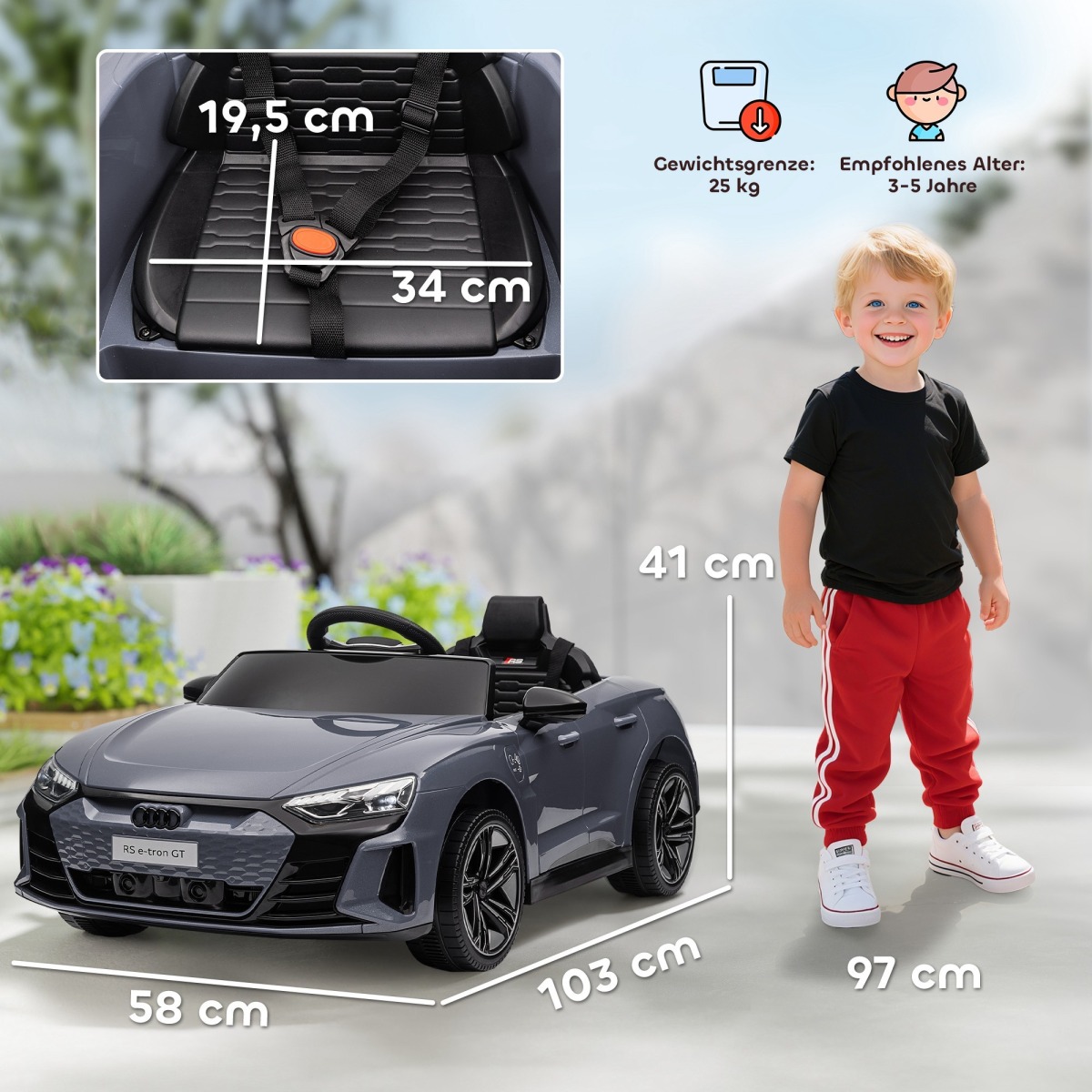 Bērnu elektriauto puldi, turvavöö ja tuledega, kuni 5 km/h, 